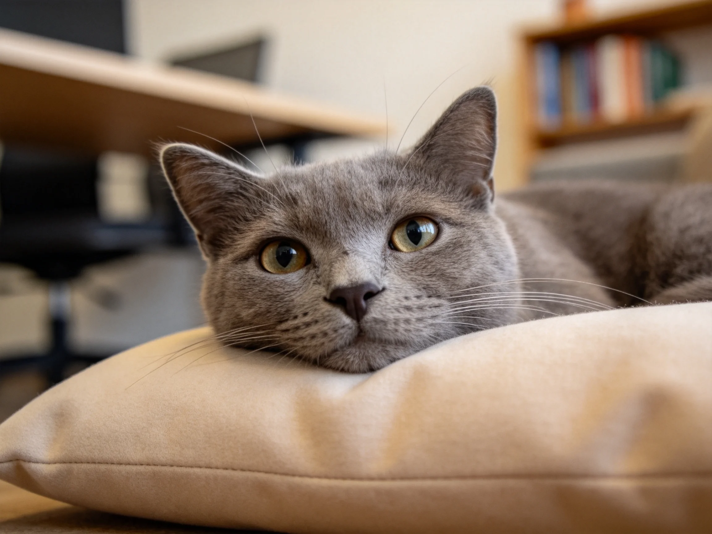 俄罗斯蓝猫安静趴卧,蓝绿色眼睛明亮,灰色被毛柔软贴靠枕边缘。