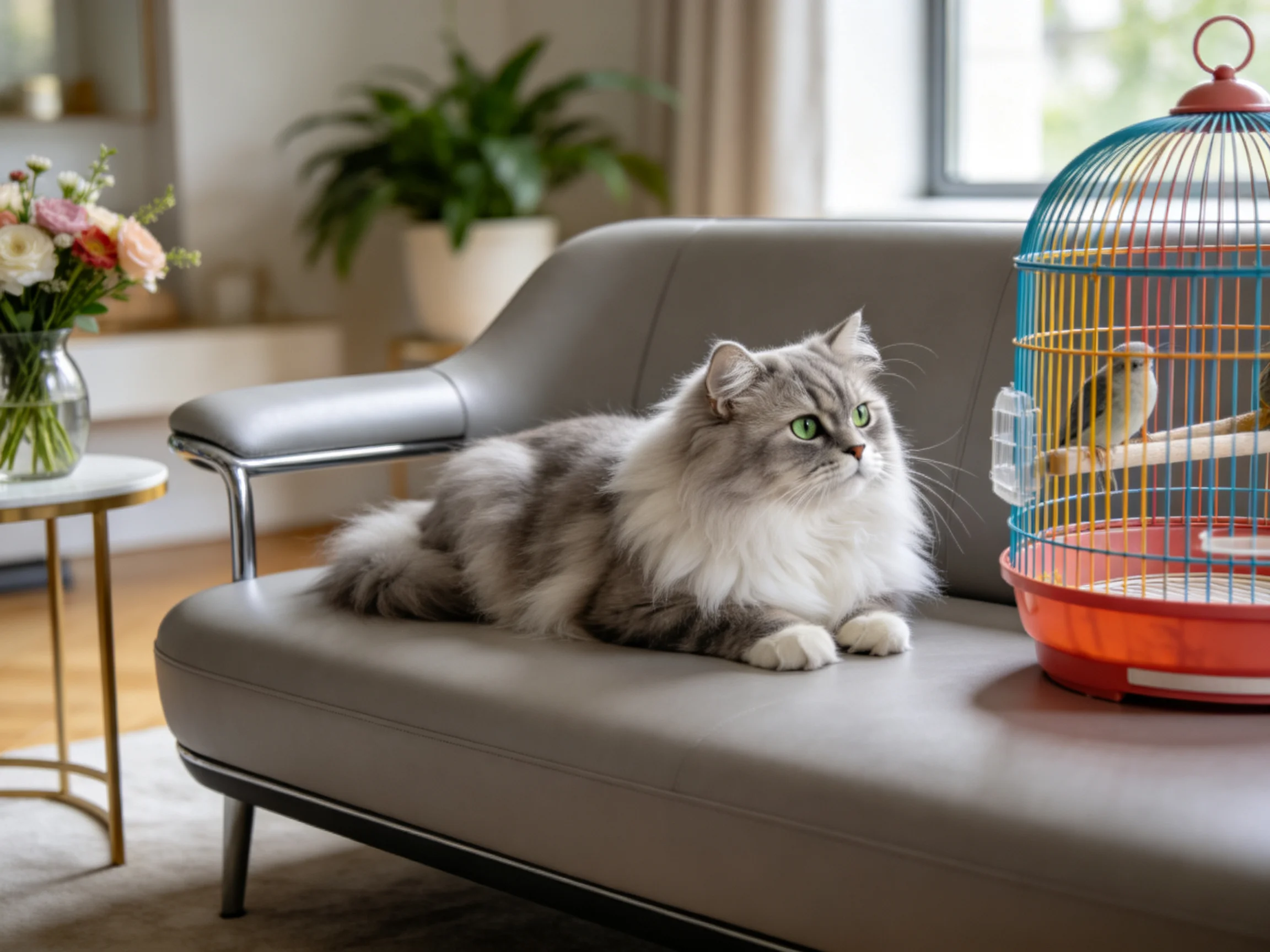 灰白长毛的布偶猫趴在浅灰色沙发上,拥有蓬松柔软的毛发和明亮的绿色眼睛,身旁有彩色鸟笼装饰。