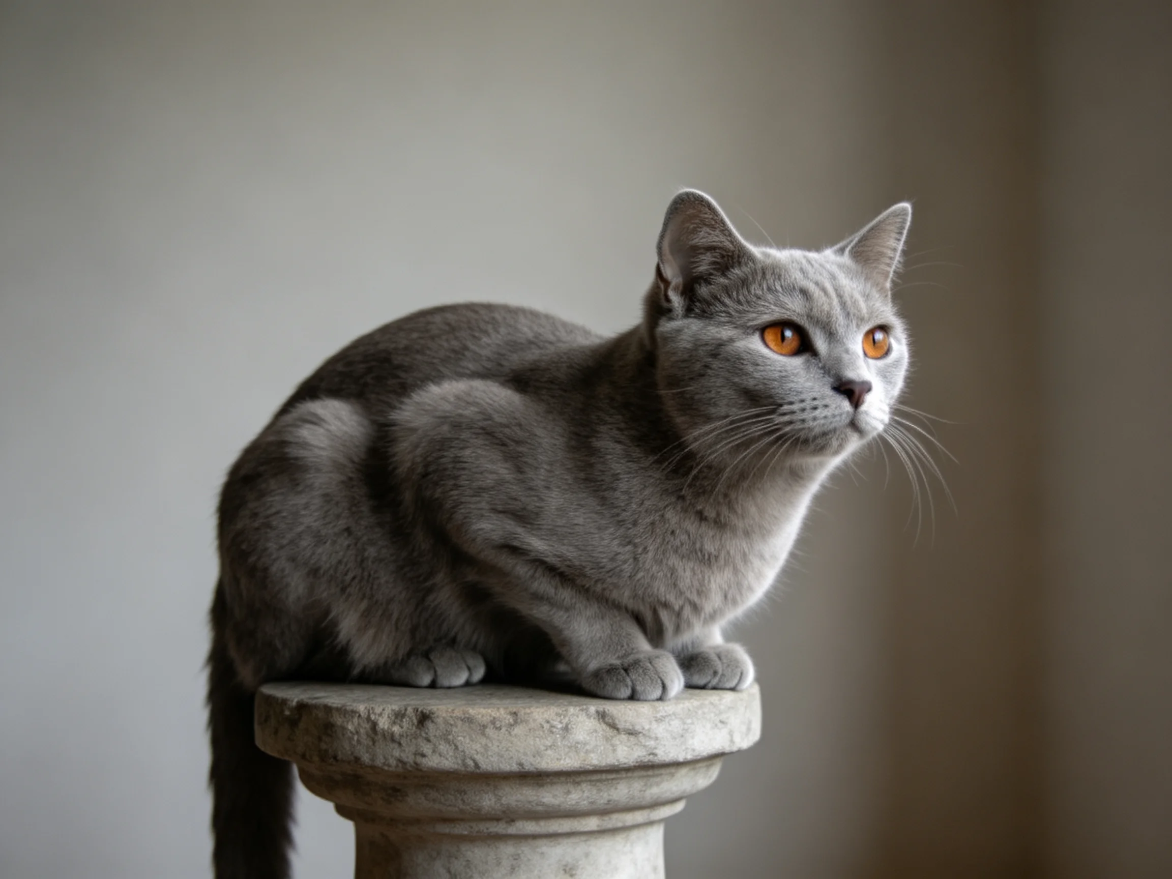 一只英国短毛猫，拥有浓密灰色被毛和橙色眼睛，安静地趴在石制圆柱上观察周围环境。