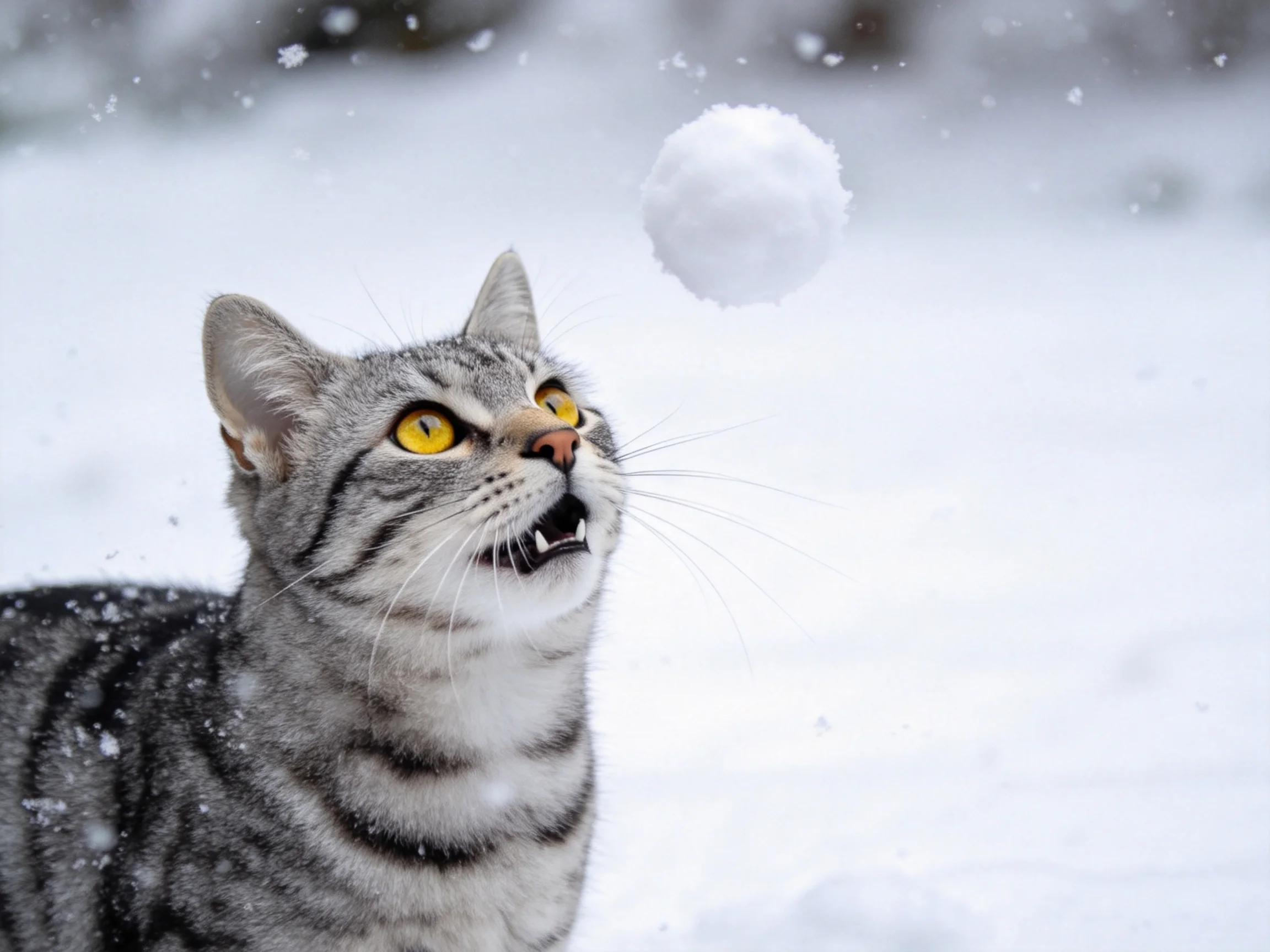 短毛虎斑猫专注地注视着空中飞舞的雪团,黄色的眼睛明亮有神,身上银灰黑相间的虎斑纹在雪地背景下十分醒目。