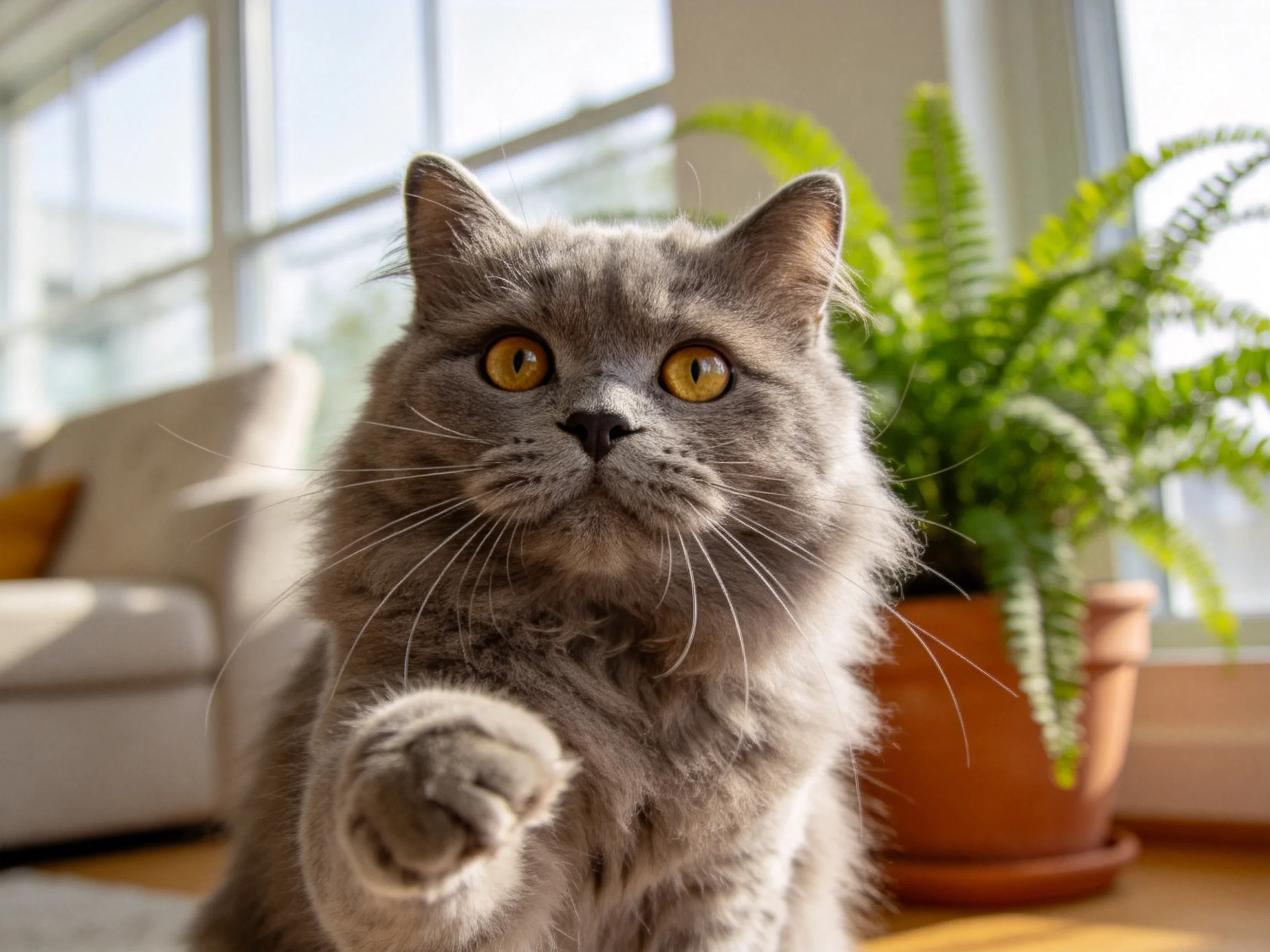 一只英国短毛猫抬起前爪,黄色的眼睛明亮清澈,蓬松的灰色毛发在阳光下显得柔软。