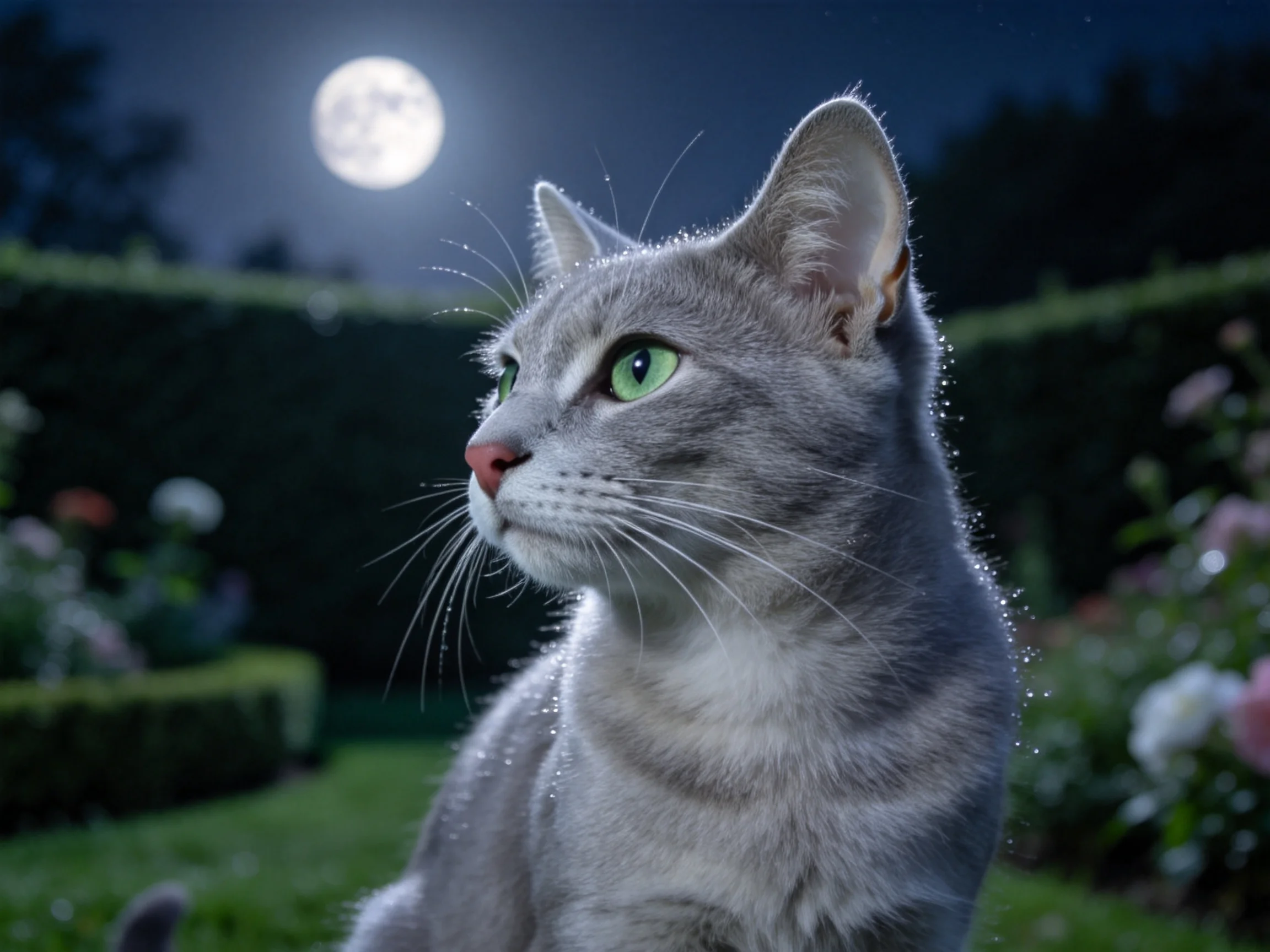 灰短毛家猫,毛发上有水珠,绿眼睛注视着远方的景物。