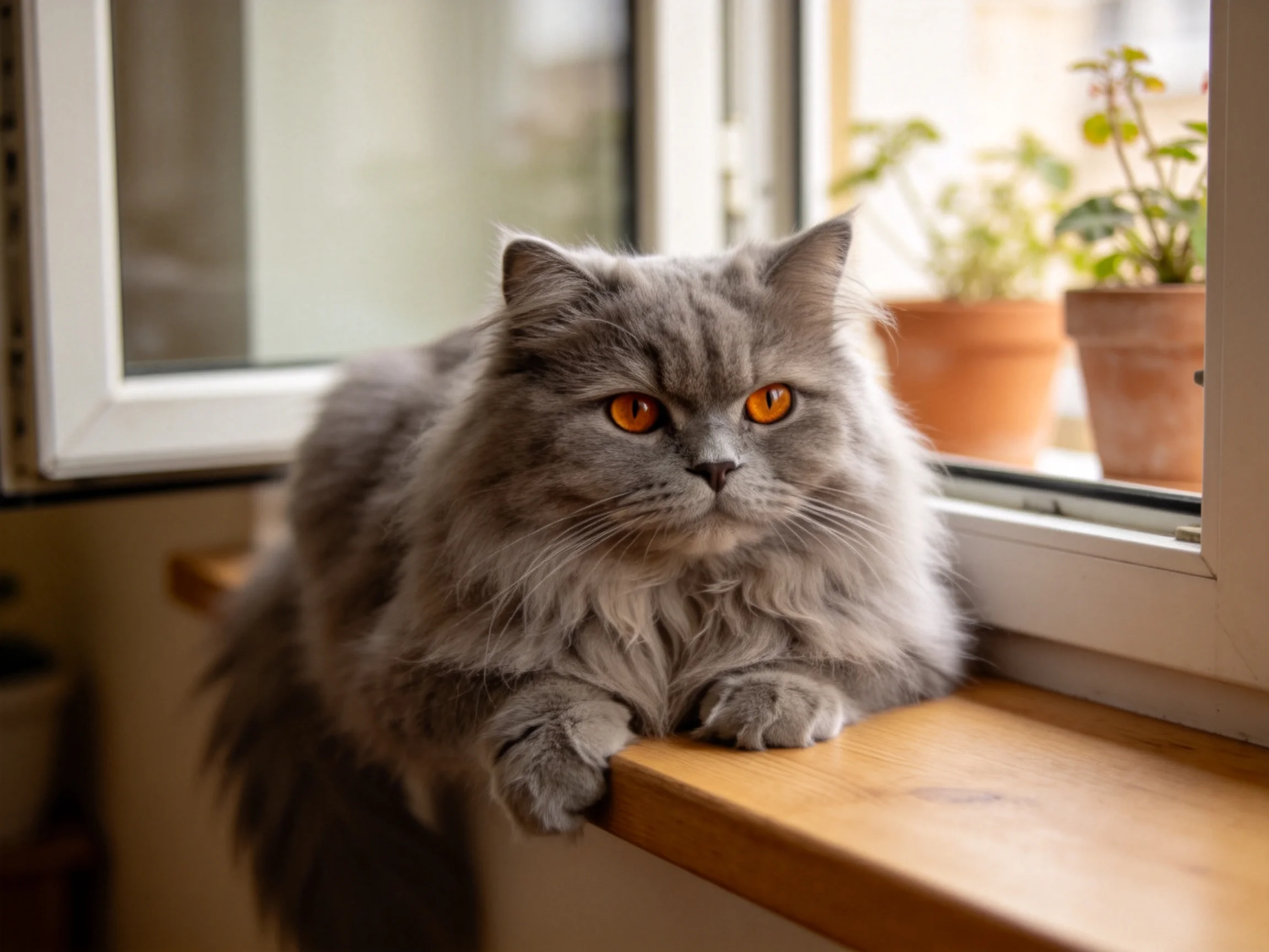 一只长毛灰色波斯猫,有着蓬松的灰色毛发和明亮的橙色眼睛,正趴在木质窗台上,前爪搭在窗台边缘。