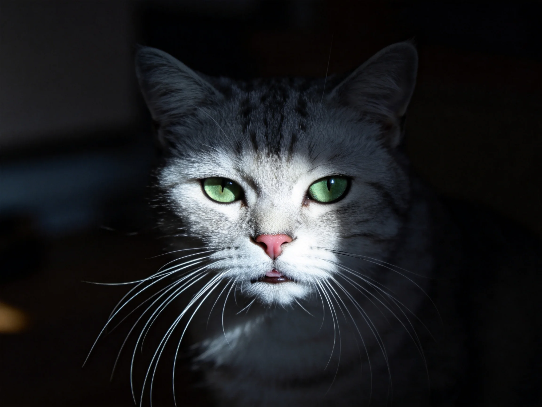灰白短毛家猫有着明亮的绿色眼睛、柔软的灰色被毛,面部表情平静。