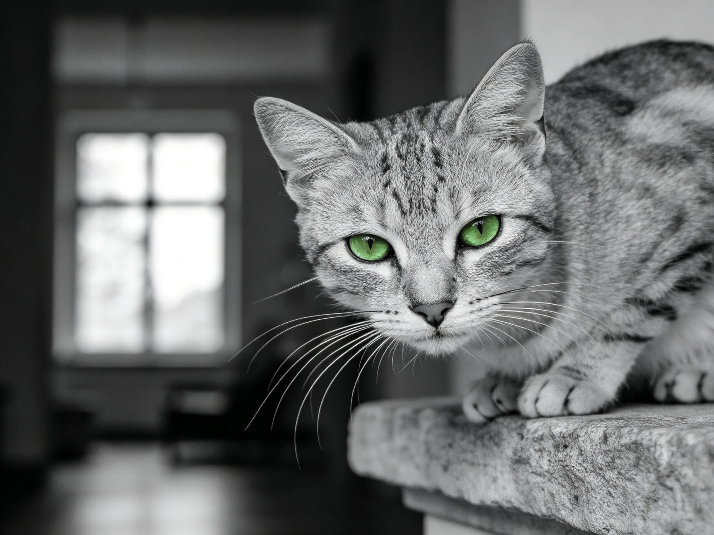短毛虎斑猫趴在石质平台上,明亮的绿色眼睛清晰可见。