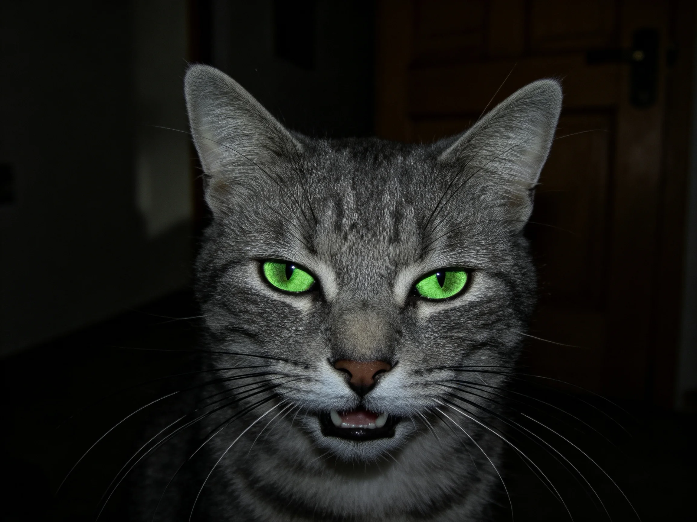 灰短毛虎斑猫拥有明亮的绿色眼睛,面部在暗光下清晰展现其皮毛纹理和警觉姿态。