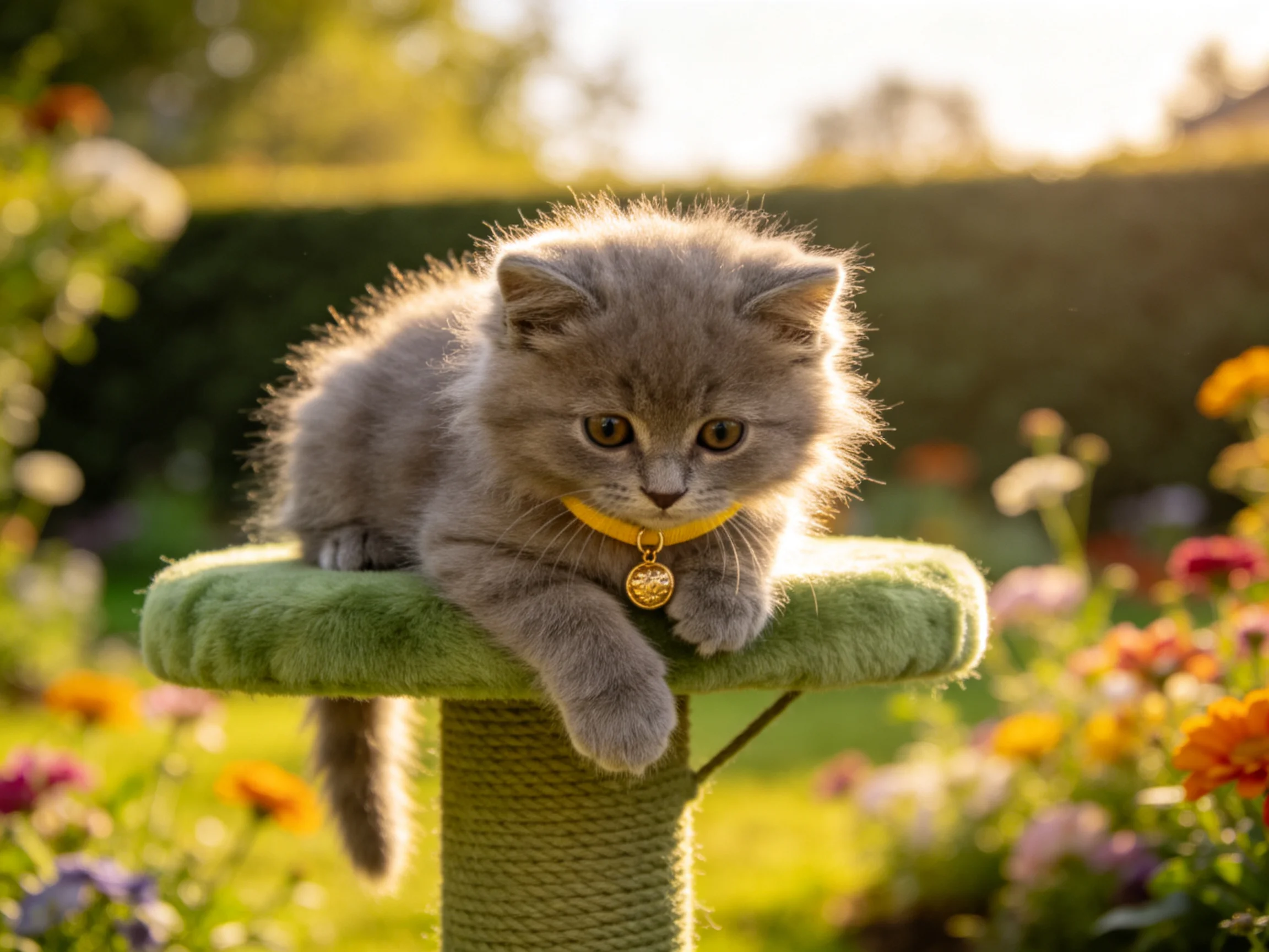 英国短毛猫趴在绿色平台上,灰色蓬松毛发在阳光下显得柔软,黄色项圈清晰可见。
