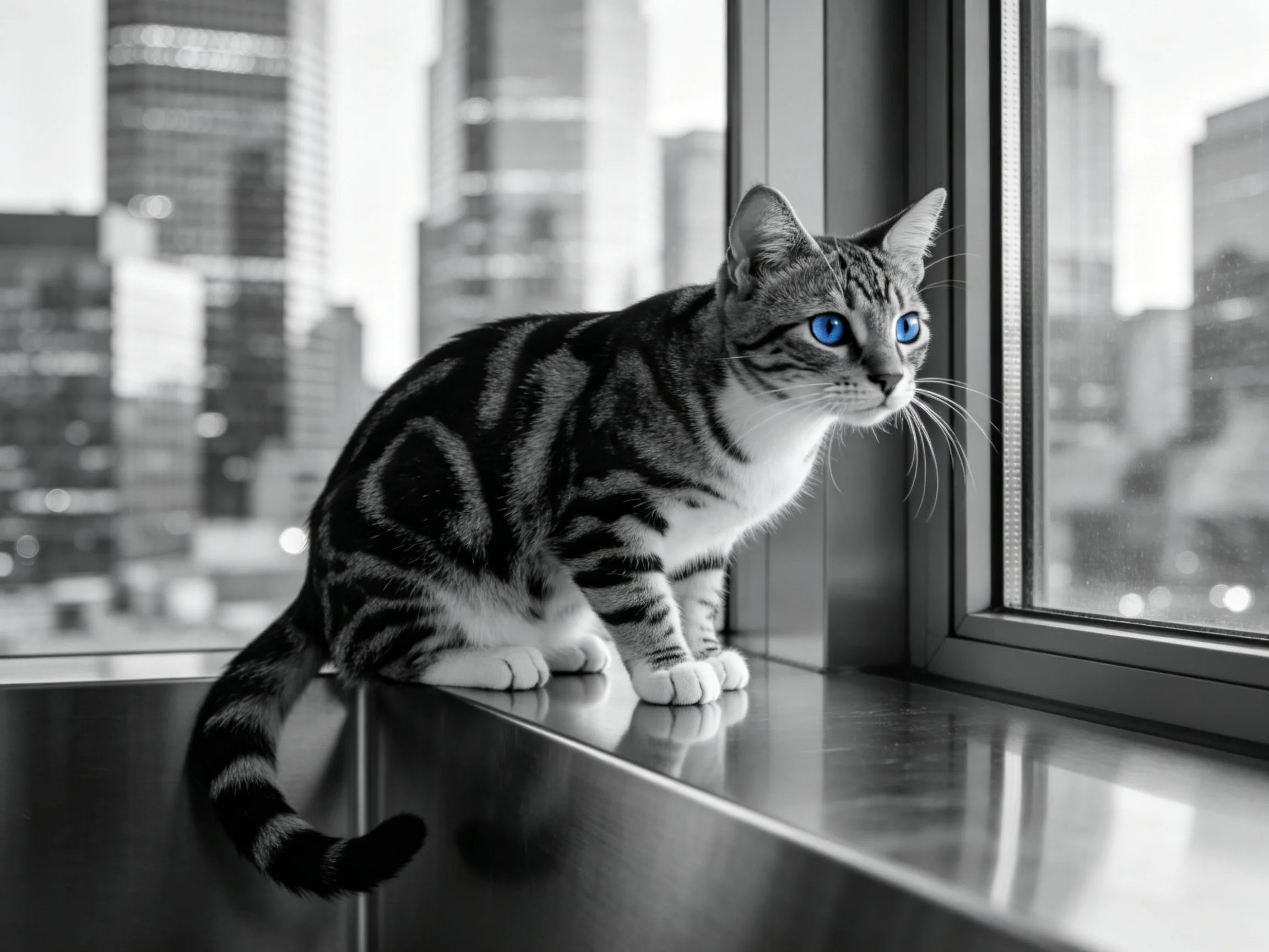 短毛虎斑猫有着蓝色眼睛,正安静地坐在窗台上观察窗外景象。