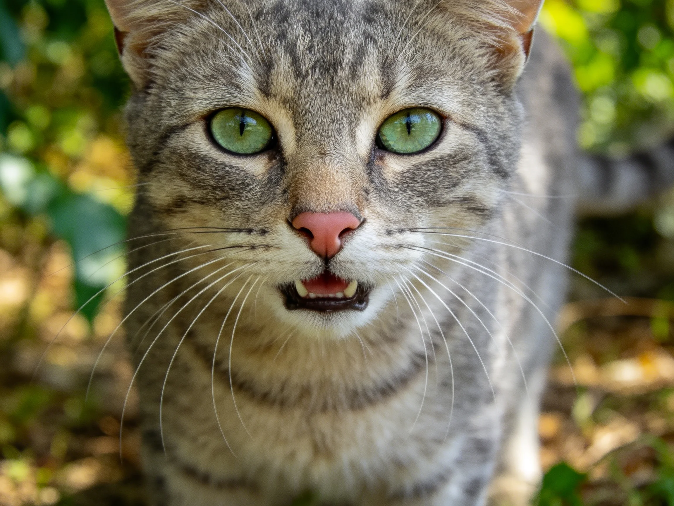 灰虎斑短毛猫拥有明亮的绿色眼睛和典型的虎斑花纹,嘴巴呈现微张状态。