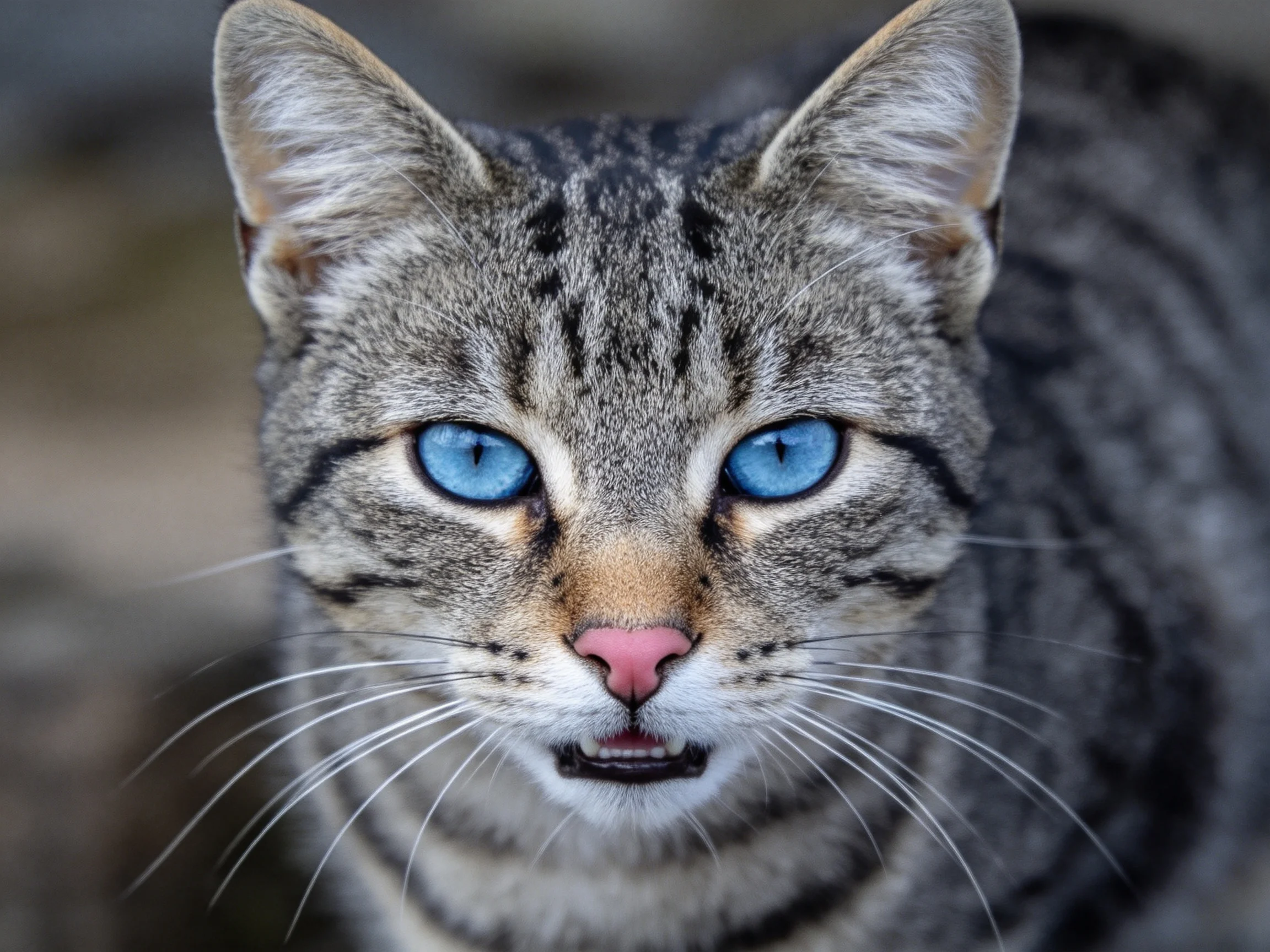 蓝眼睛短毛猫,蓝色的眼睛清澈明亮,修长的胡须清晰可见。