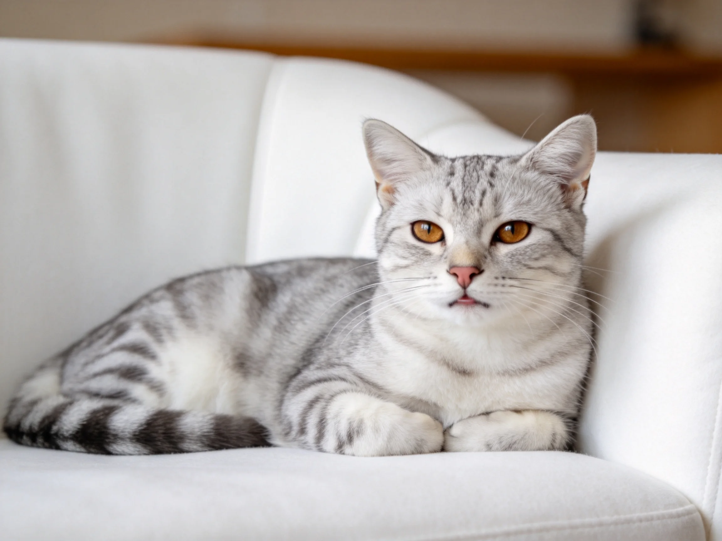 银虎斑短毛猫安静趴卧,展现其灰白虎斑花纹与明亮橙黄色眼睛。