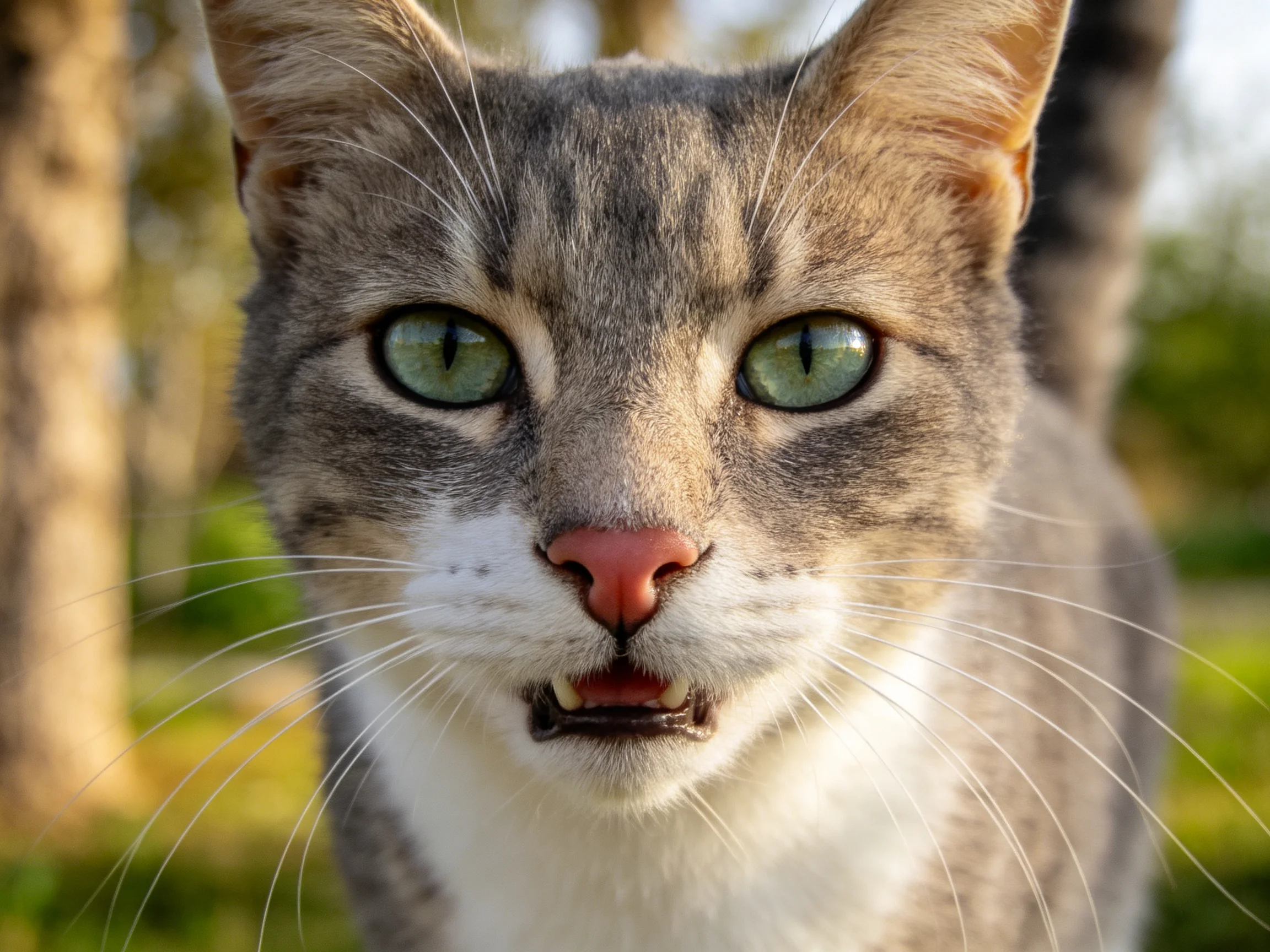 灰白短毛家猫户外特写画面中,一只拥有绿色眼睛的家猫嘴巴微张,显示其神态,毛发柔软且修长。