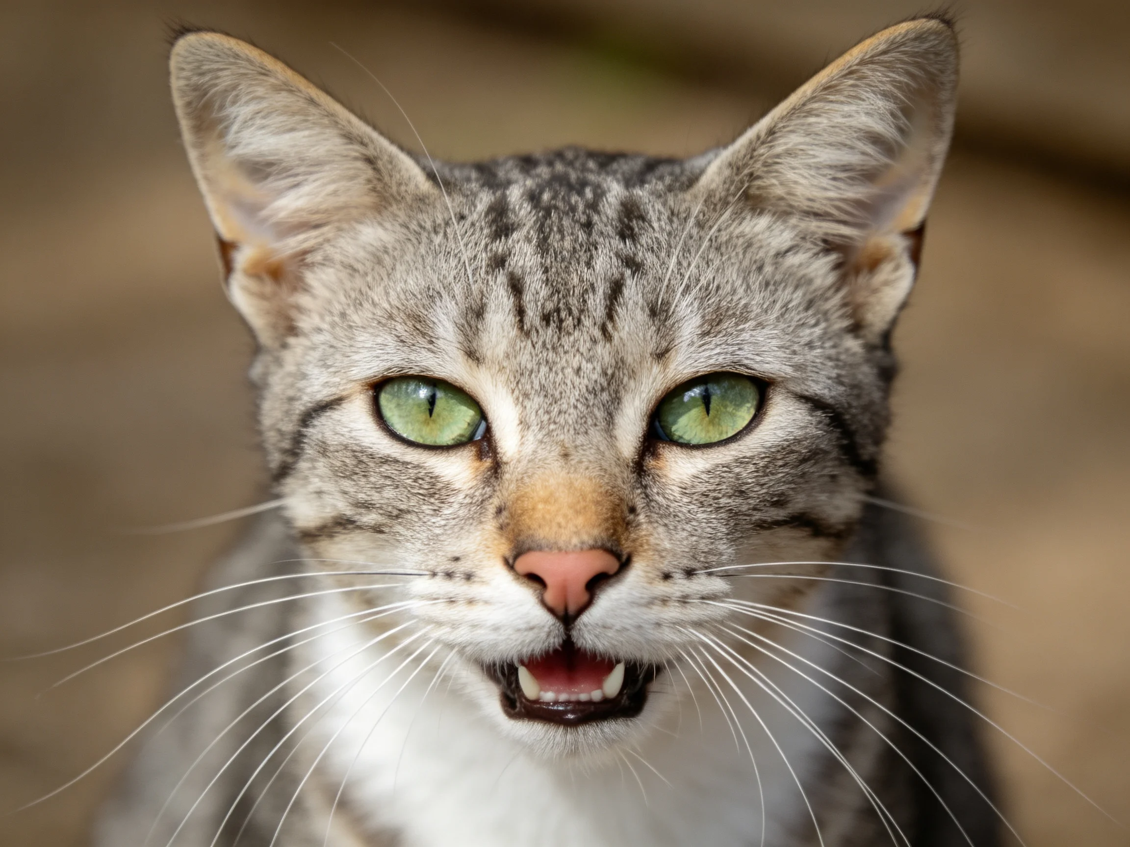 短毛家猫拥有灰褐色条纹皮毛,明亮的绿色眼睛,嘴巴微张露出牙齿,胡须细长柔软。