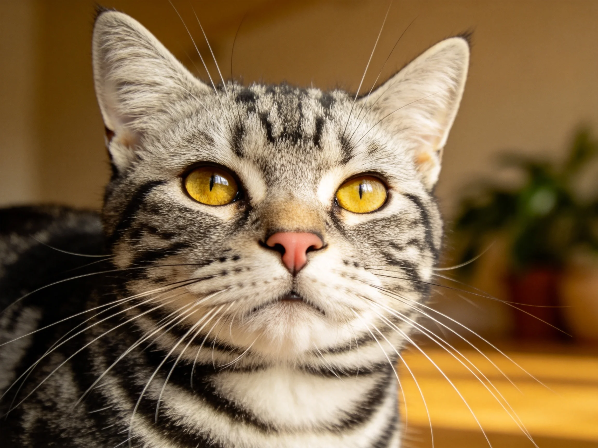 短毛虎斑猫拥有明亮的黄色眼睛和清晰的黑色虎斑纹路。