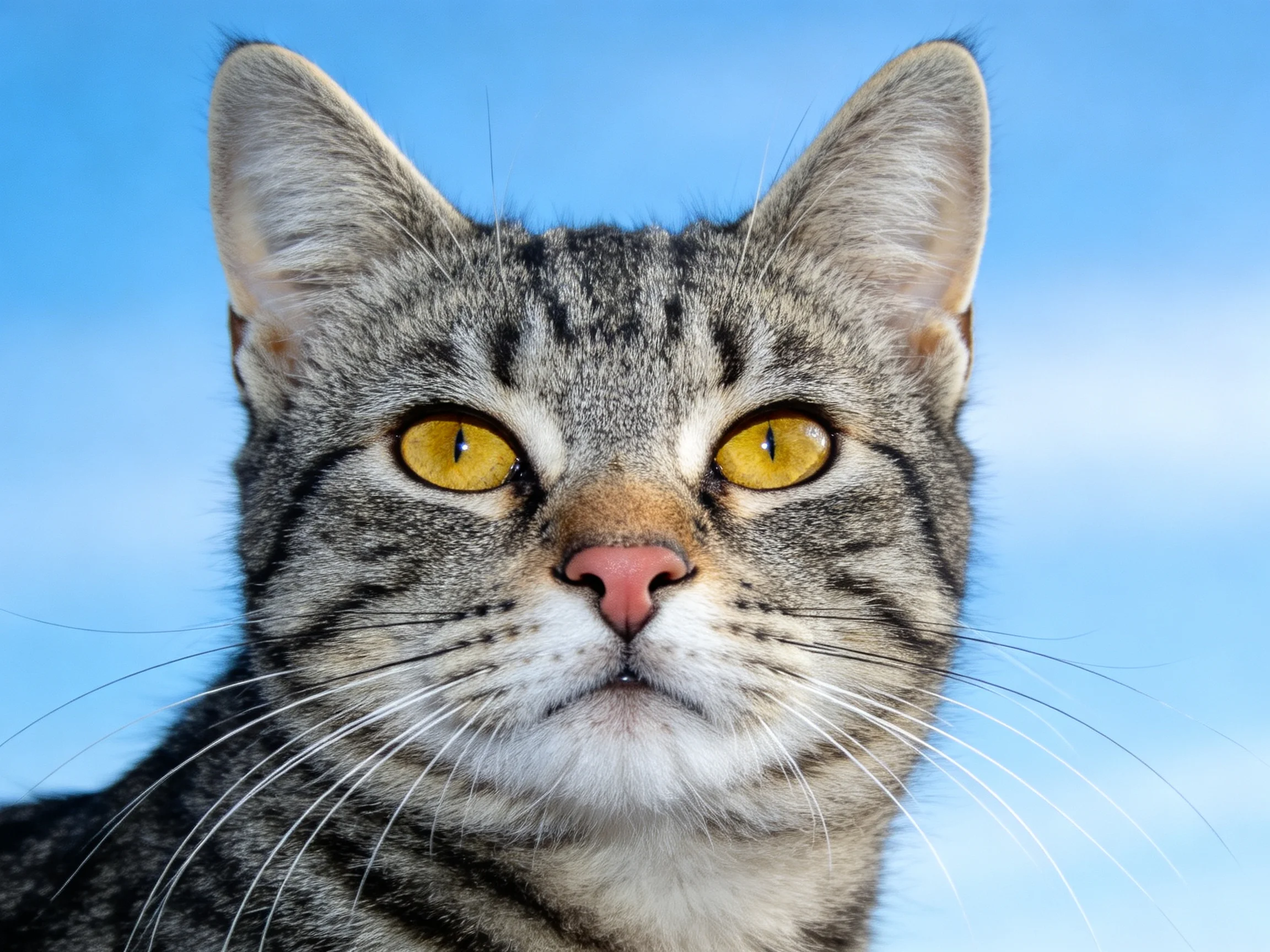 短毛虎斑猫拥有明亮的黄色眼睛和清晰的黑灰色虎斑纹路,鼻头呈淡粉色。