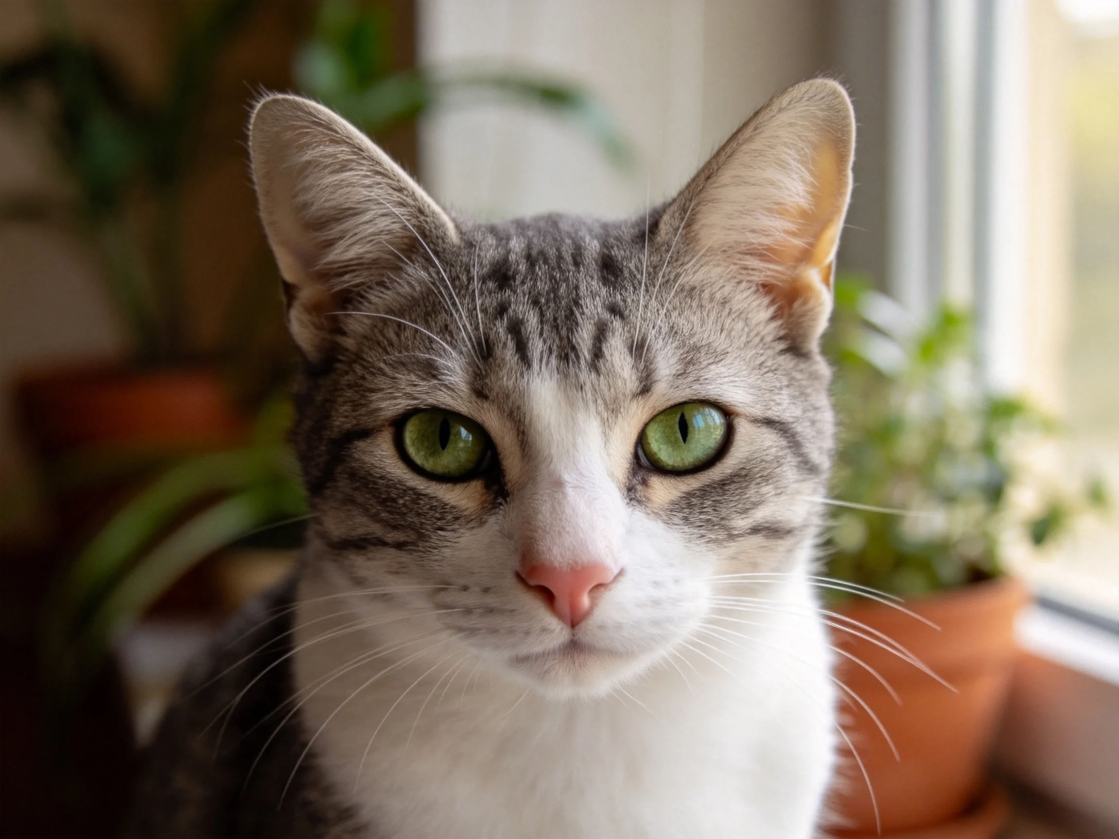 一只灰白短毛家猫,有着明亮的绿色眼睛和清晰的条纹毛发,安静地坐在窗边观察外界。