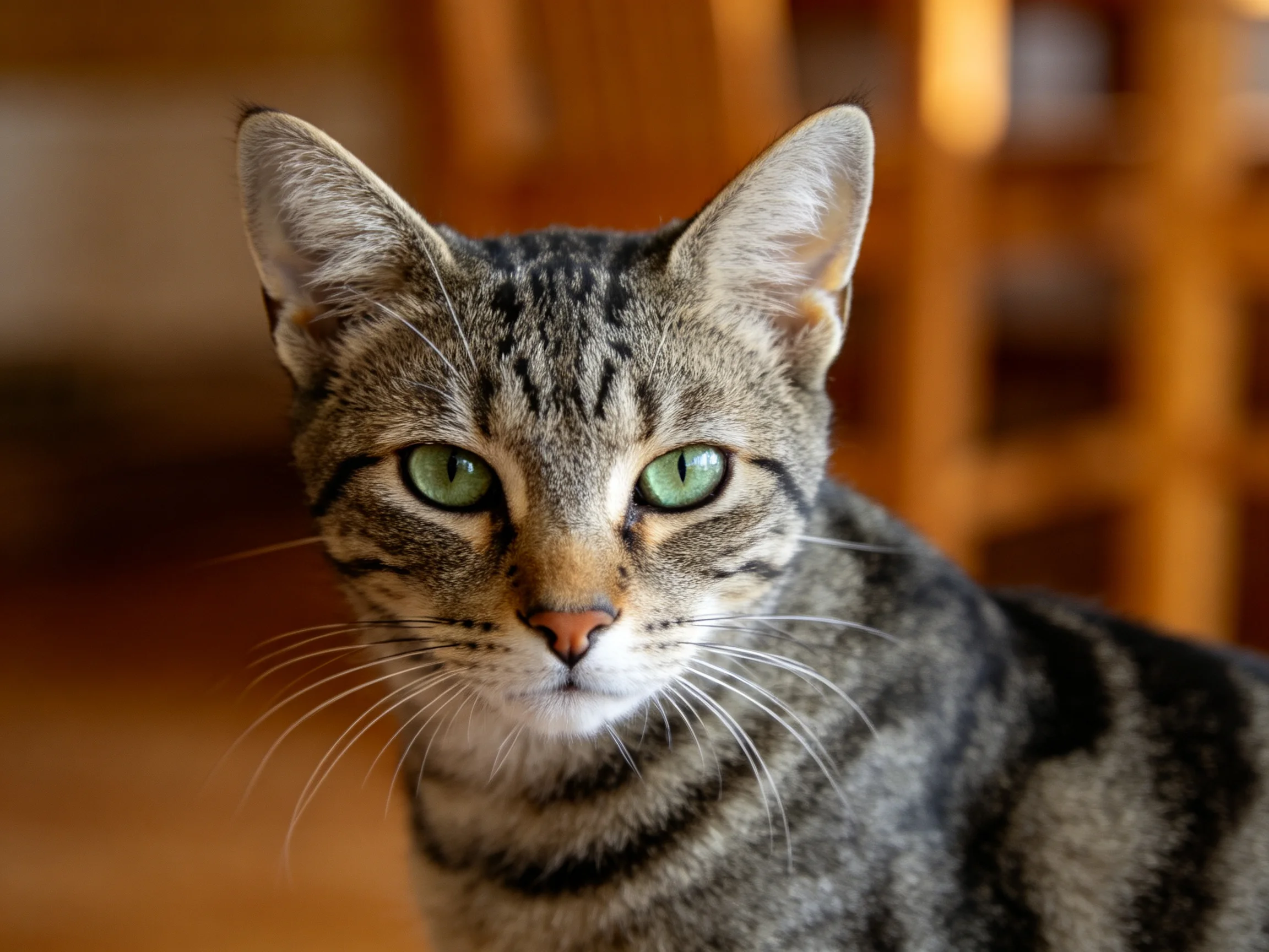虎斑短毛猫注视镜头,绿色眼睛明亮,虎斑纹路清晰呈现。