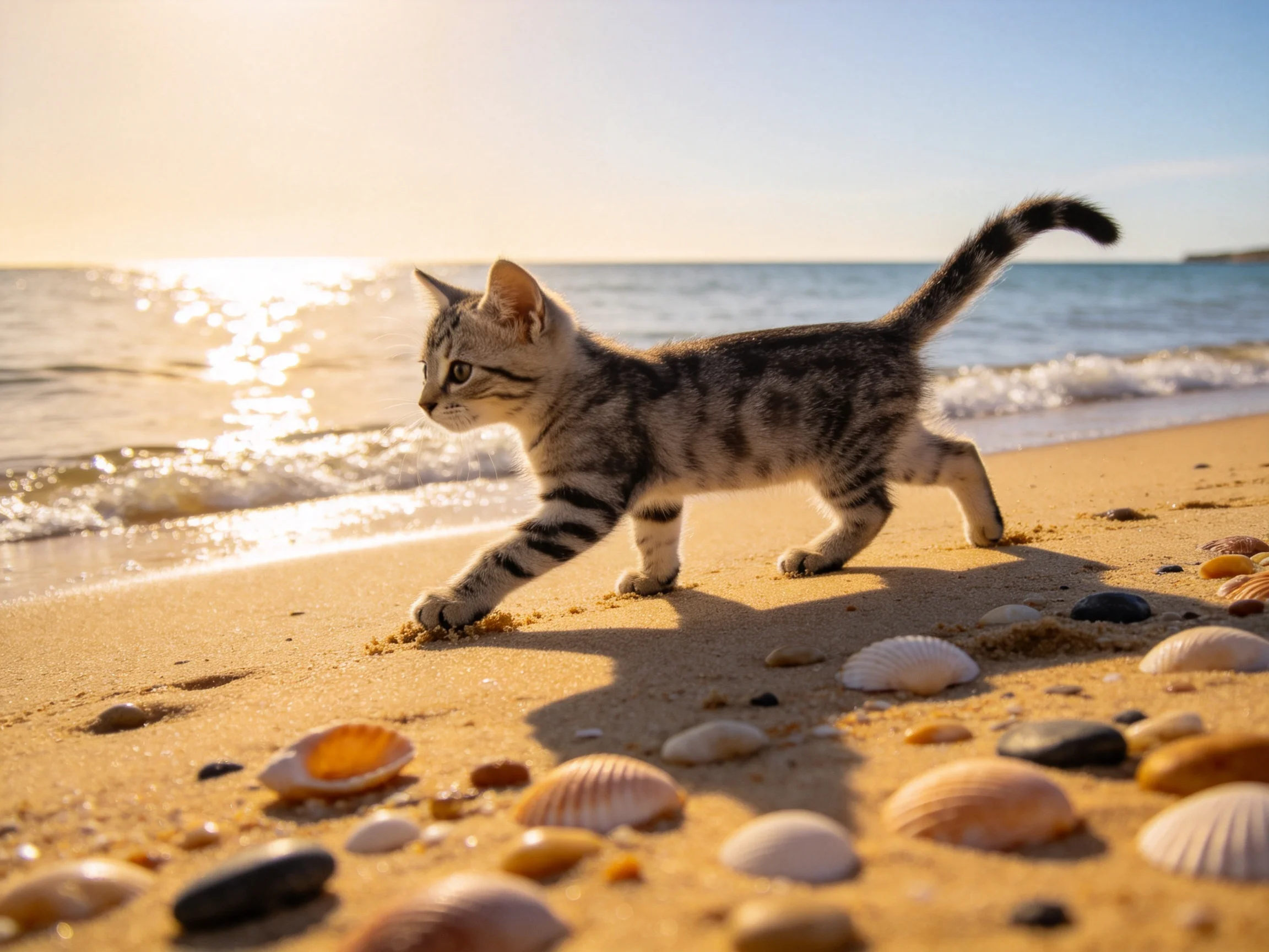短毛虎斑猫在沙滩上行走,皮毛带有清晰虎斑纹,前爪轻触沙滩表面。