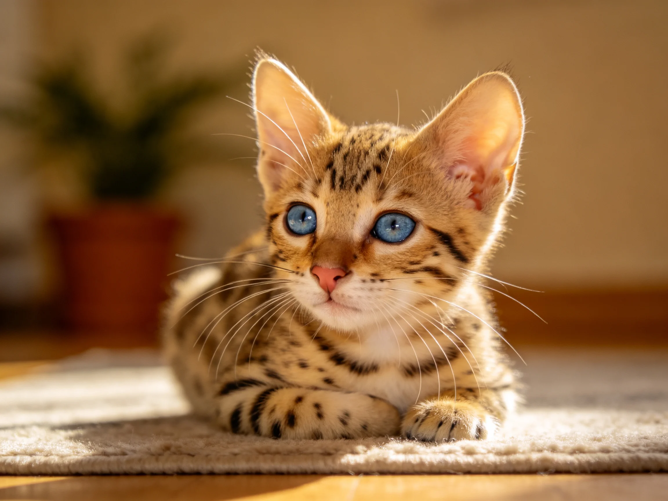 孟加拉豹猫幼崽拥有蓝色眼睛和带有黑色斑点的皮毛,趴在浅色地毯上,耳朵竖起。