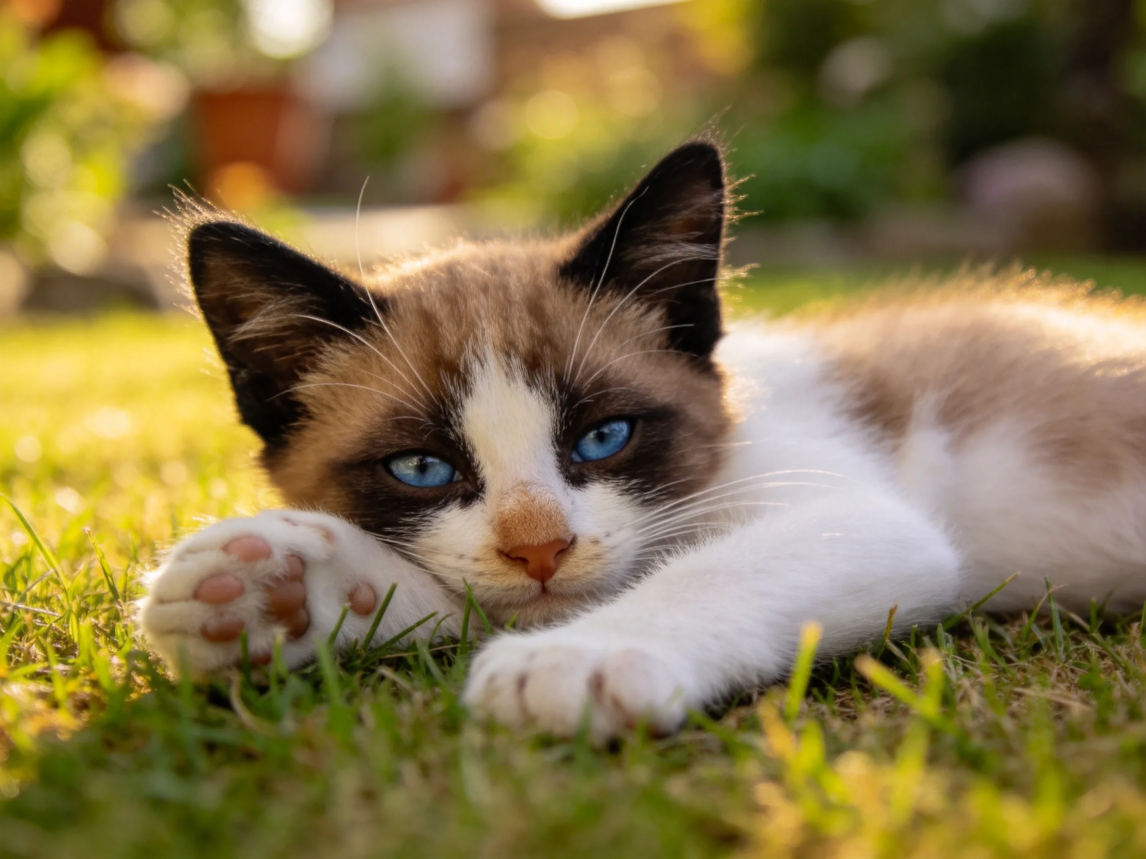 一只蓝眼睛的布偶猫幼崽,毛发柔软,正趴在草地上,前爪轻放地面。