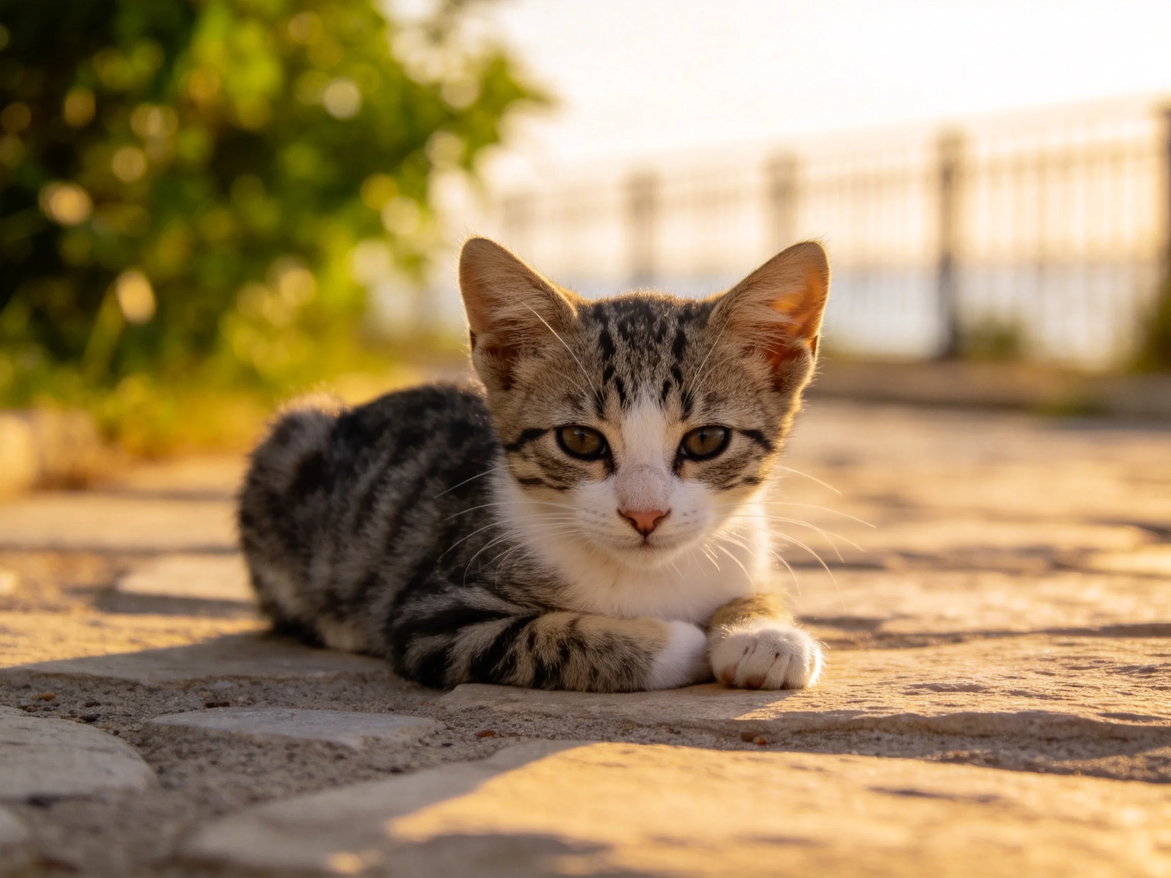 短毛家猫趴在石板路上,灰色条纹与白色毛发清晰可见,眼神专注平静。