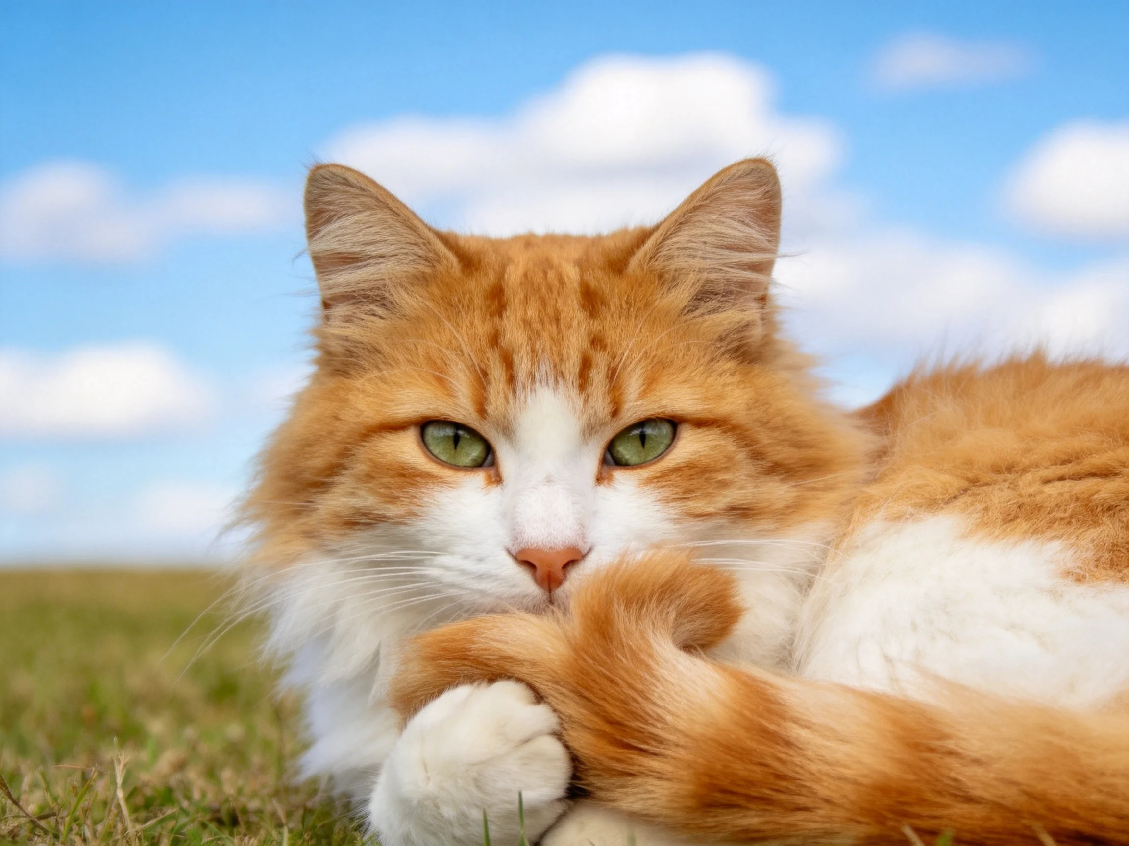 一只橙白长毛家猫趴在草地上，橘色与白色毛发分明，前爪交叠的姿态清晰可见。