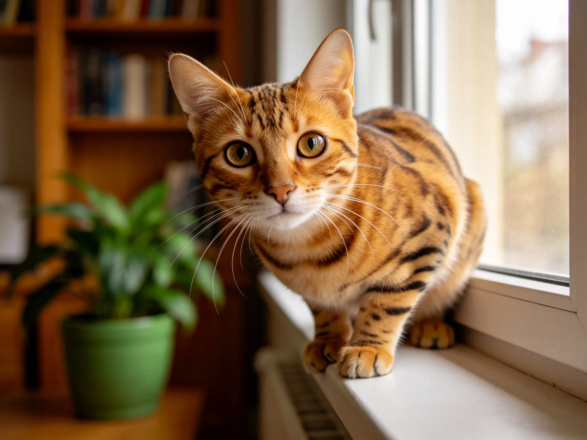 孟加拉猫有着金黄带黑色条纹的皮毛,大眼睛注视着窗外景象。