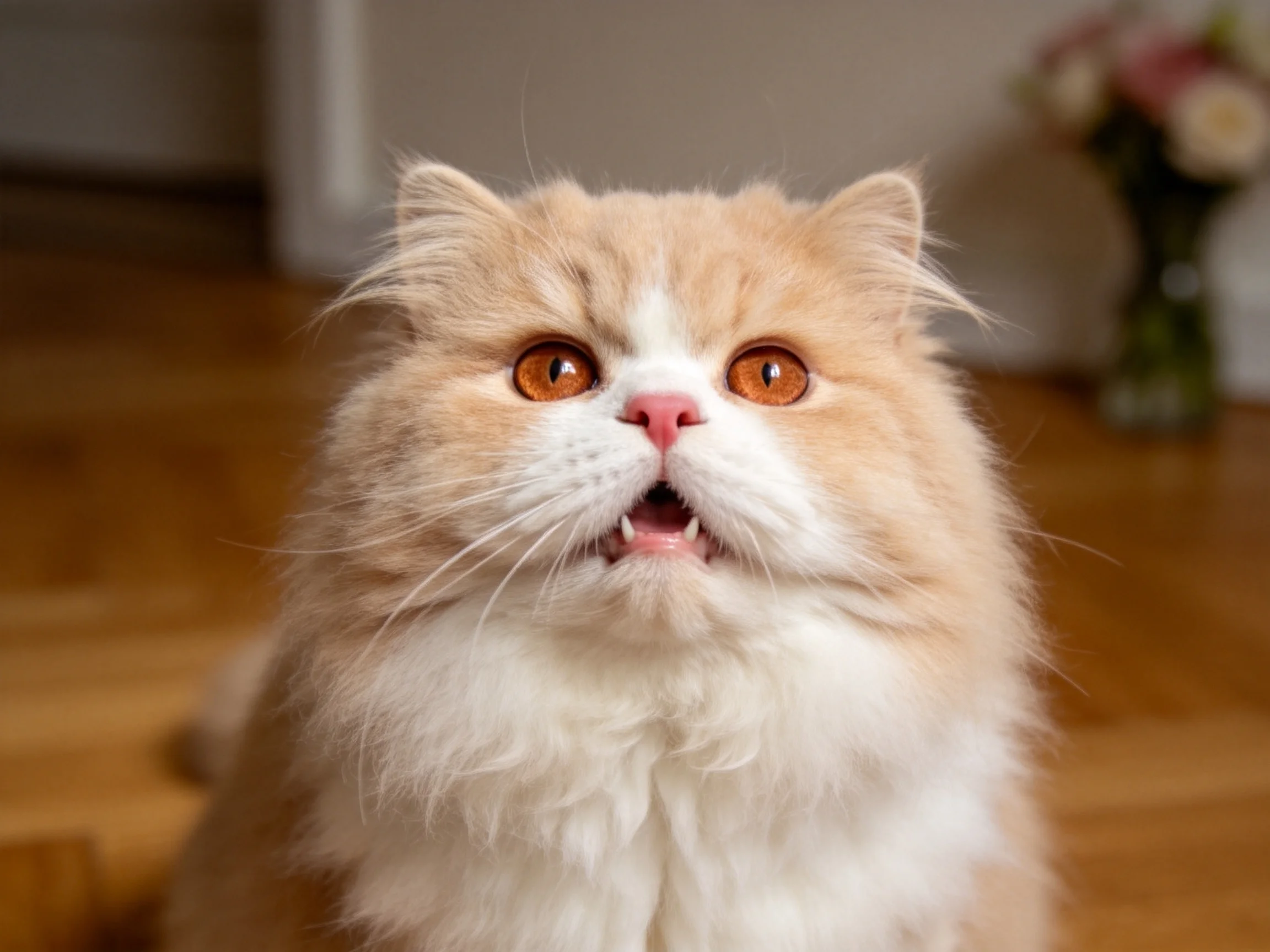 波斯长毛猫有着橙白相间的被毛,眼睛呈暖橙色且圆大,面部结构扁平。