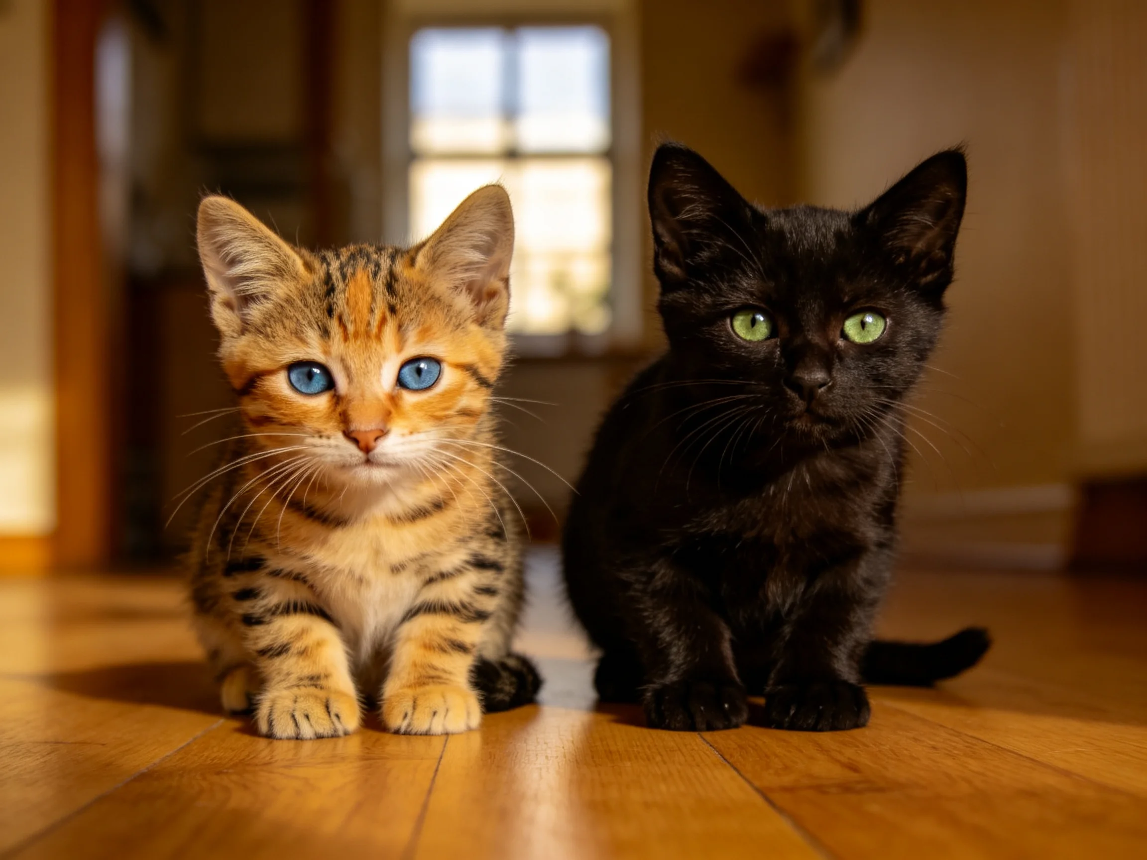 短毛家猫安静地坐在木质地板上,橙黑相间猫咪有着蓝色眼睛,黑猫有着绿色眼睛,毛发柔软。