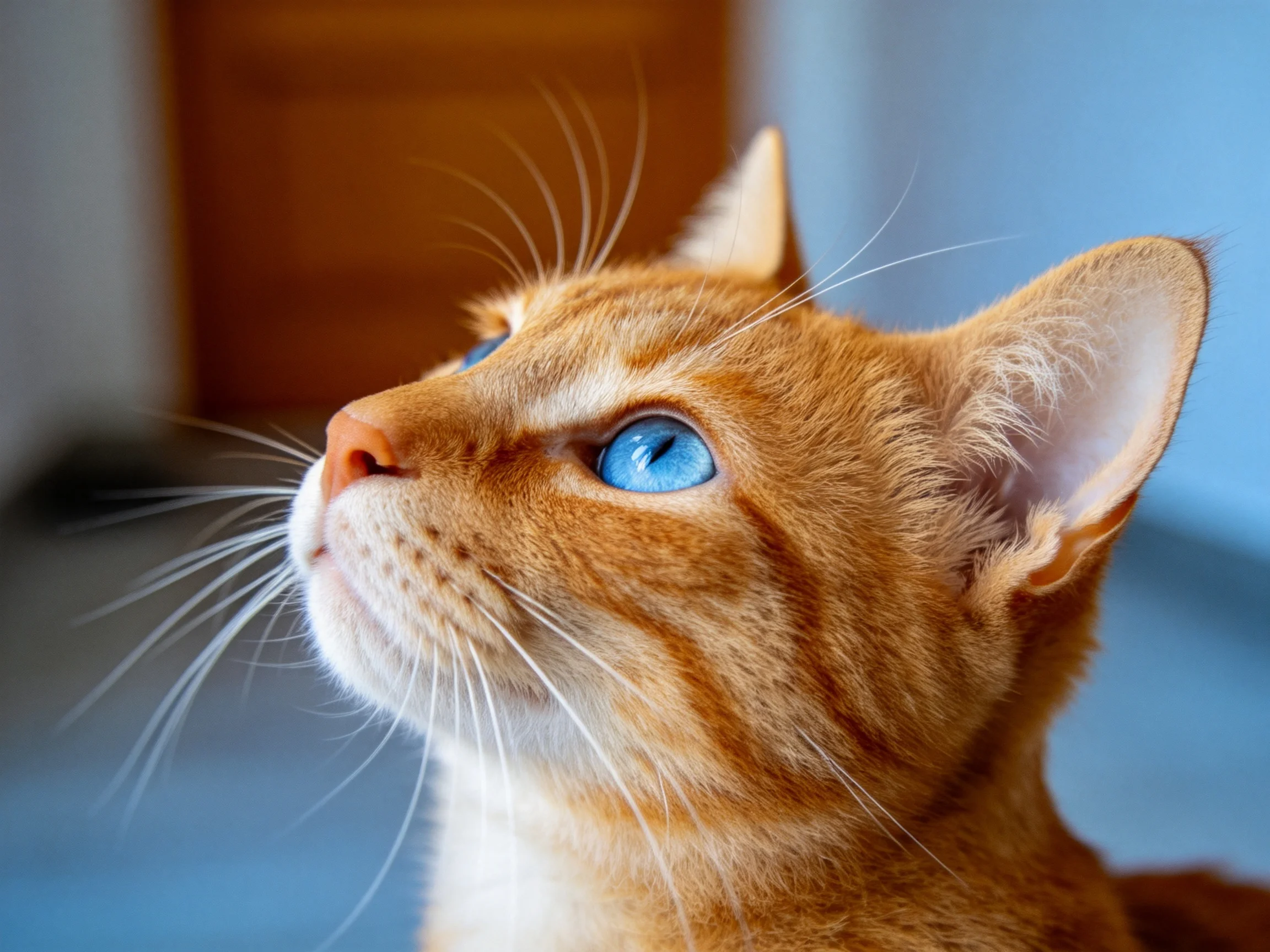 橘色蓝眼睛短毛猫抬头仰望,澄澈的蓝色眼睛与暖橙色皮毛形成鲜明对比,胡须清晰可见。