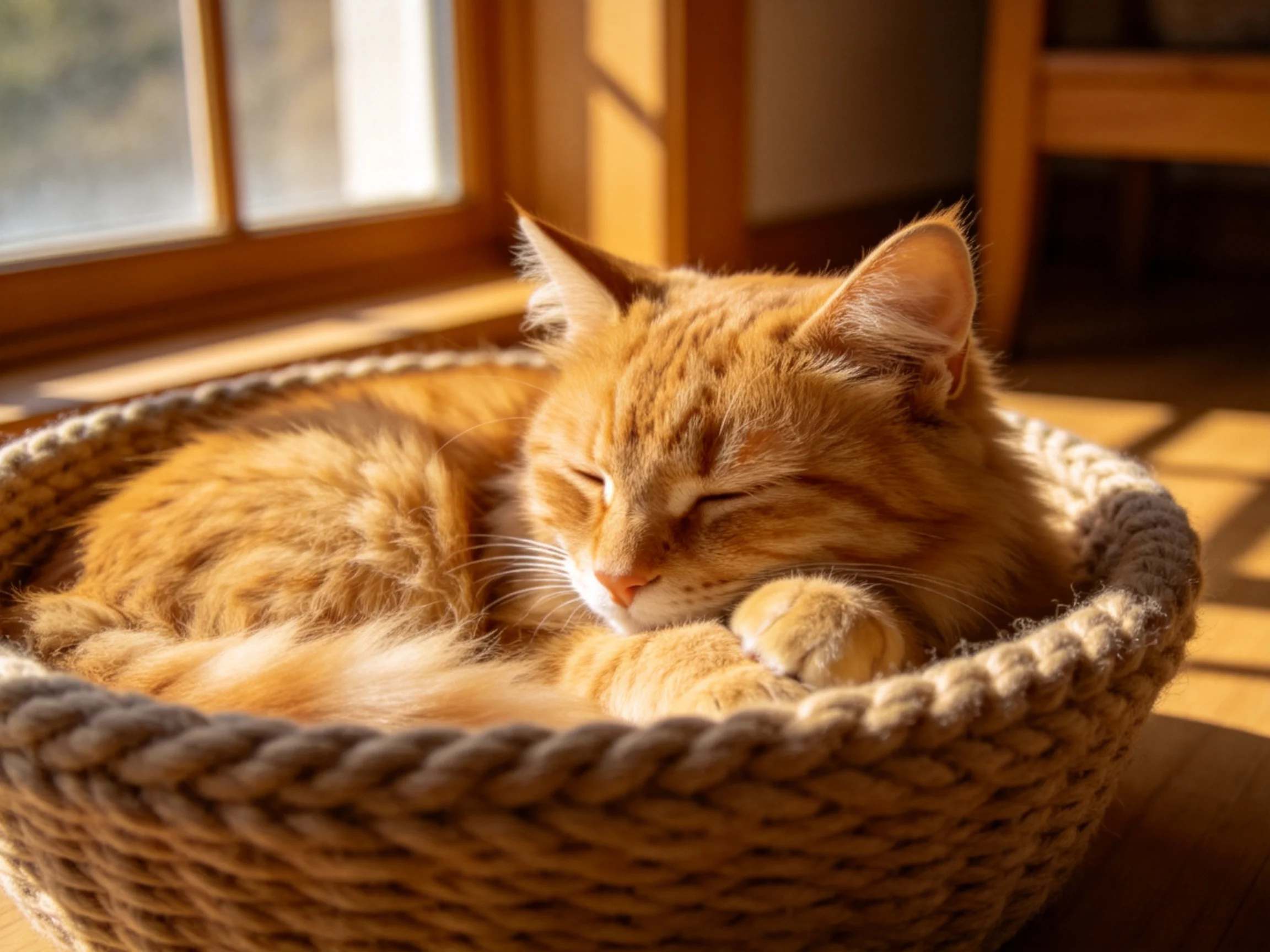 窗边篮筐内一只橘色短毛猫,拥有浓密金橙色毛发,处于光照下的休息状态。