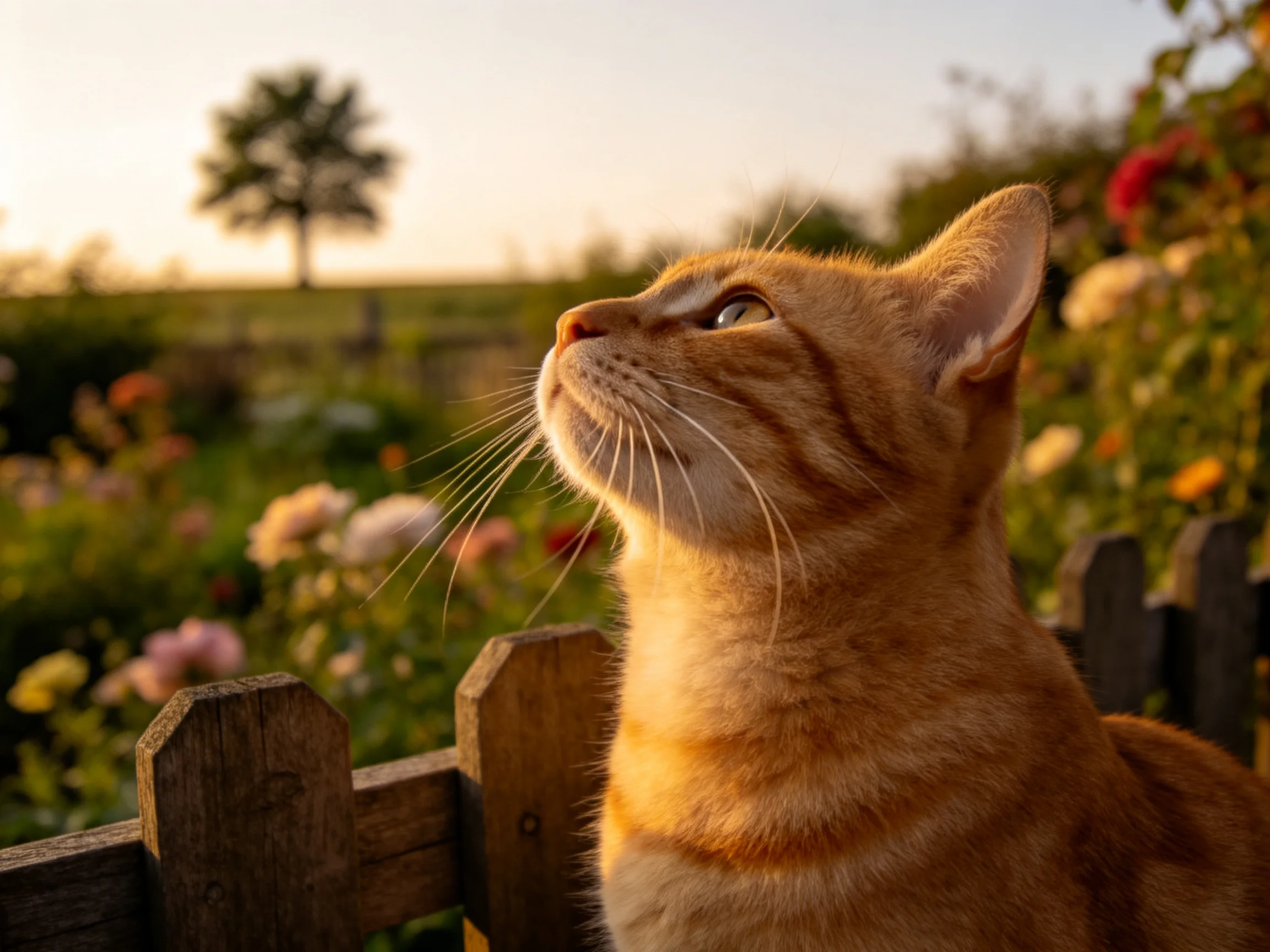 橘色短毛家猫抬头仰望，橙色的虎斑纹毛发在暖光下显得格外清晰。