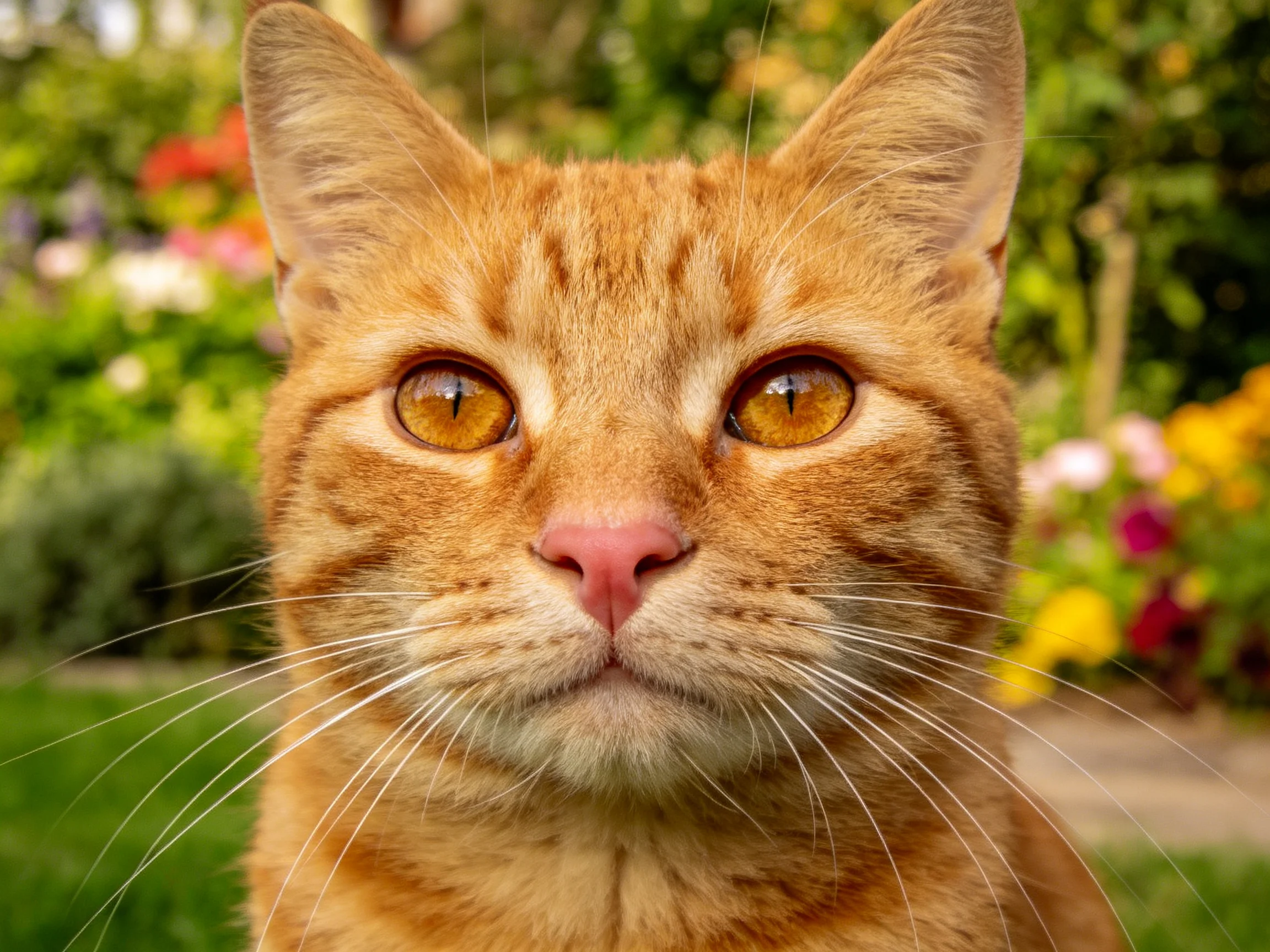 一只橘色短毛猫,有着明亮的金黄色眼睛和修长的白色胡须。