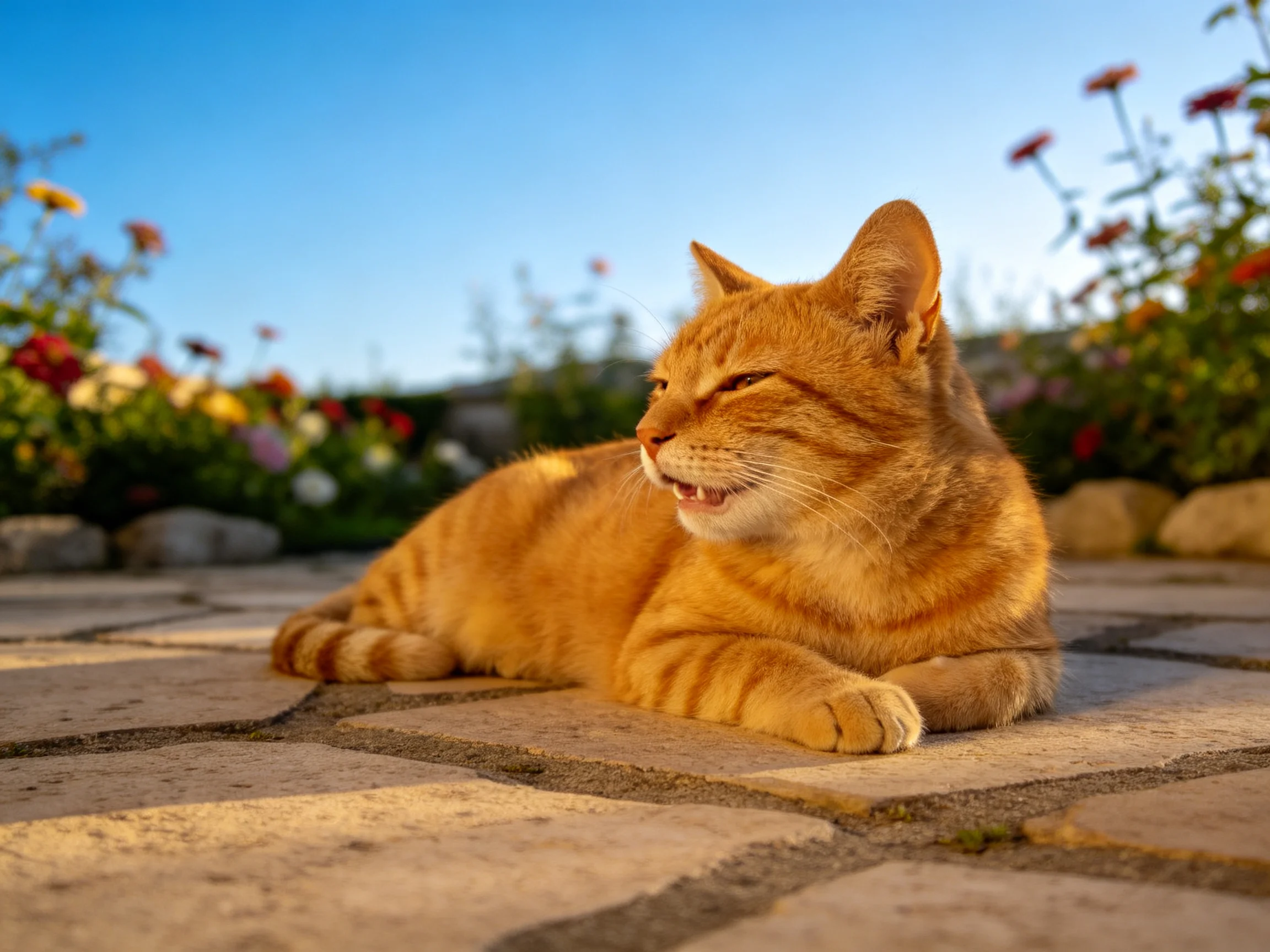 橘色短毛家猫趴在庭院石板上,皮毛呈现出温暖的橙色调,阳光照亮了它的面部特征。