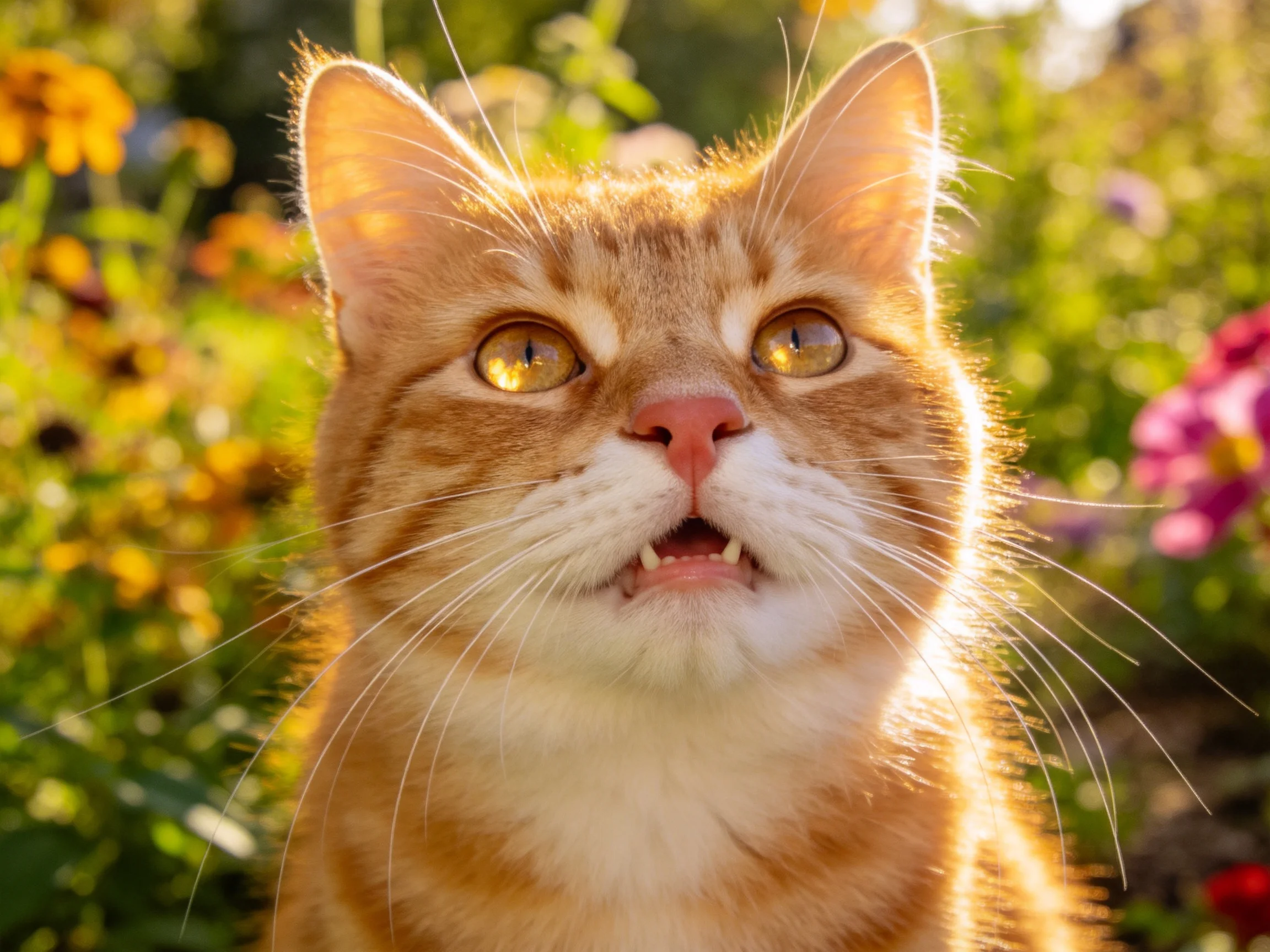 一只橘色短毛猫,有着金黄色的眼睛和橙白相间的被毛,正抬头凝视着上方。