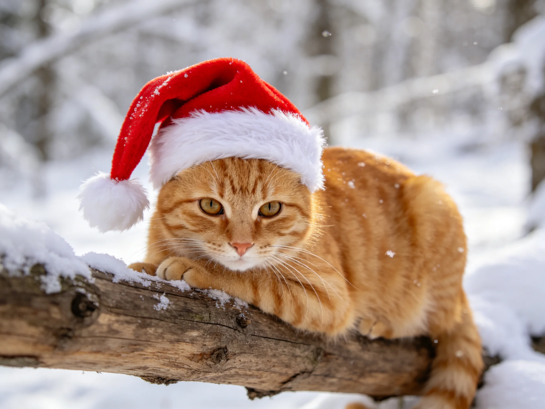 橘色短毛猫戴着圣诞帽趴在积雪树枝上,眼睛明亮注视前方。
