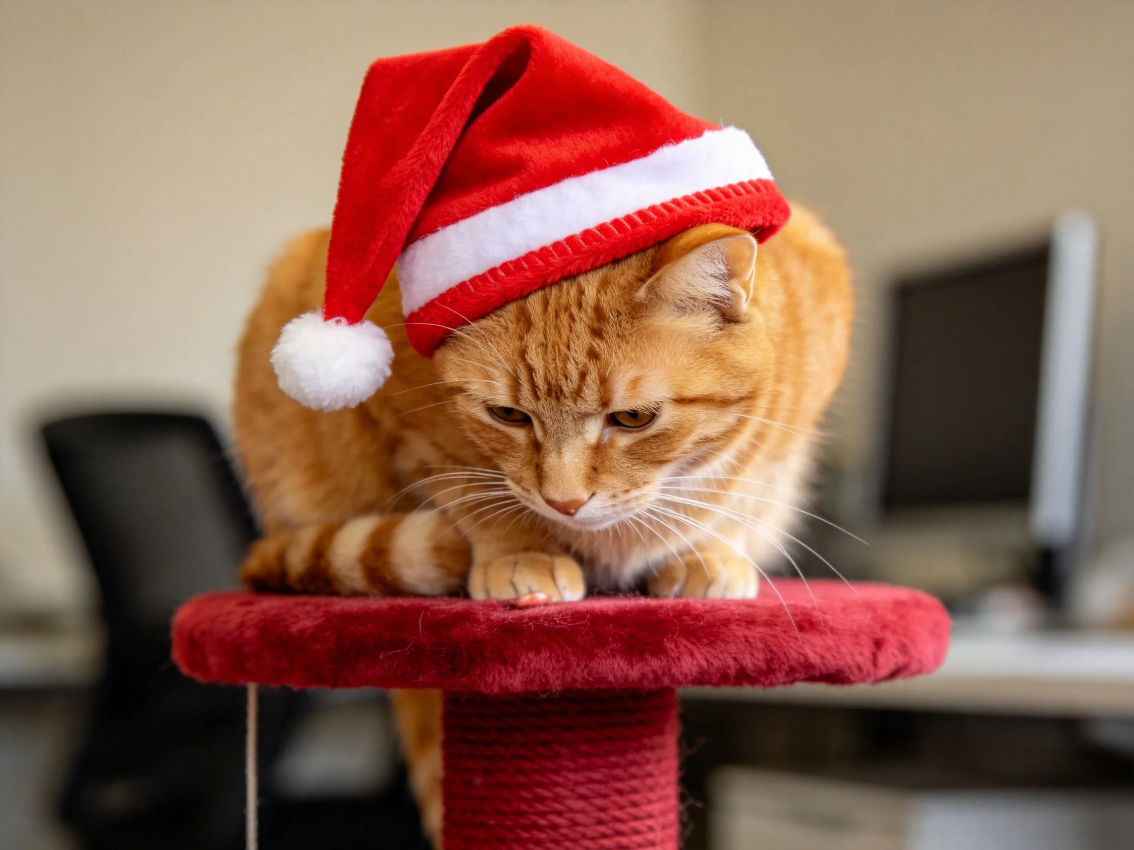 一只橘色短毛家猫戴着红白圣诞帽,橙色皮毛带有虎斑纹路,安静地趴在红色平台上。