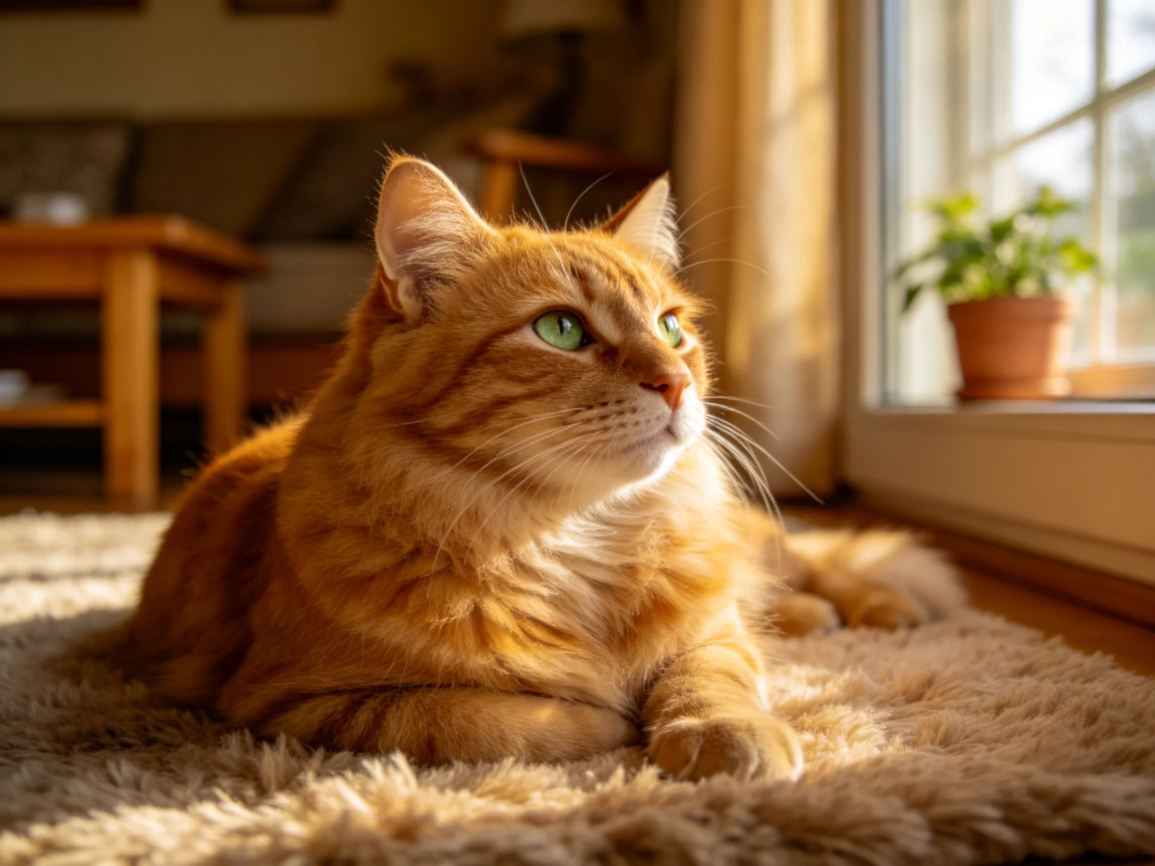 橘色短毛猫安静趴卧,金绿色眼睛明亮,蓬松皮毛在暖光下清晰可见。