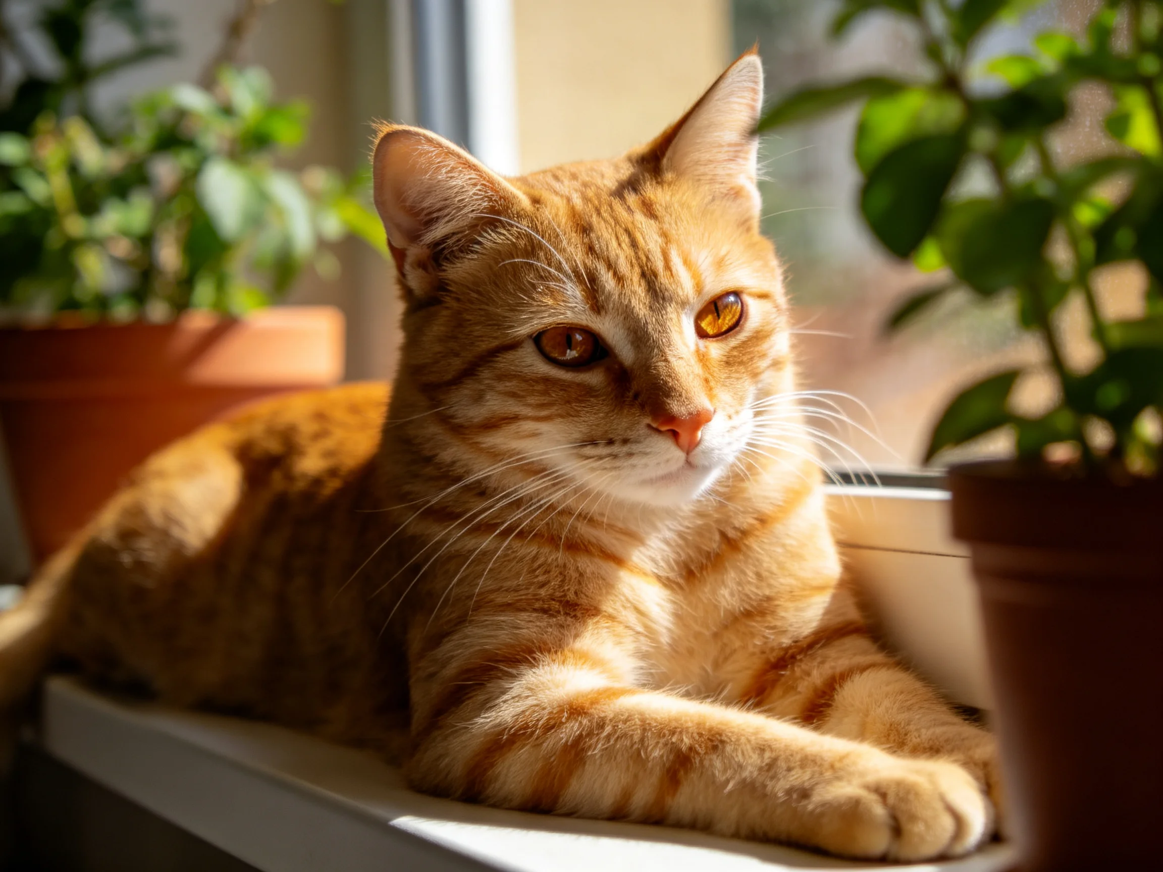 只橘色短毛家猫,橙黄色带条纹的被毛,趴在窗台上,阳光照射下毛发纹理清晰。