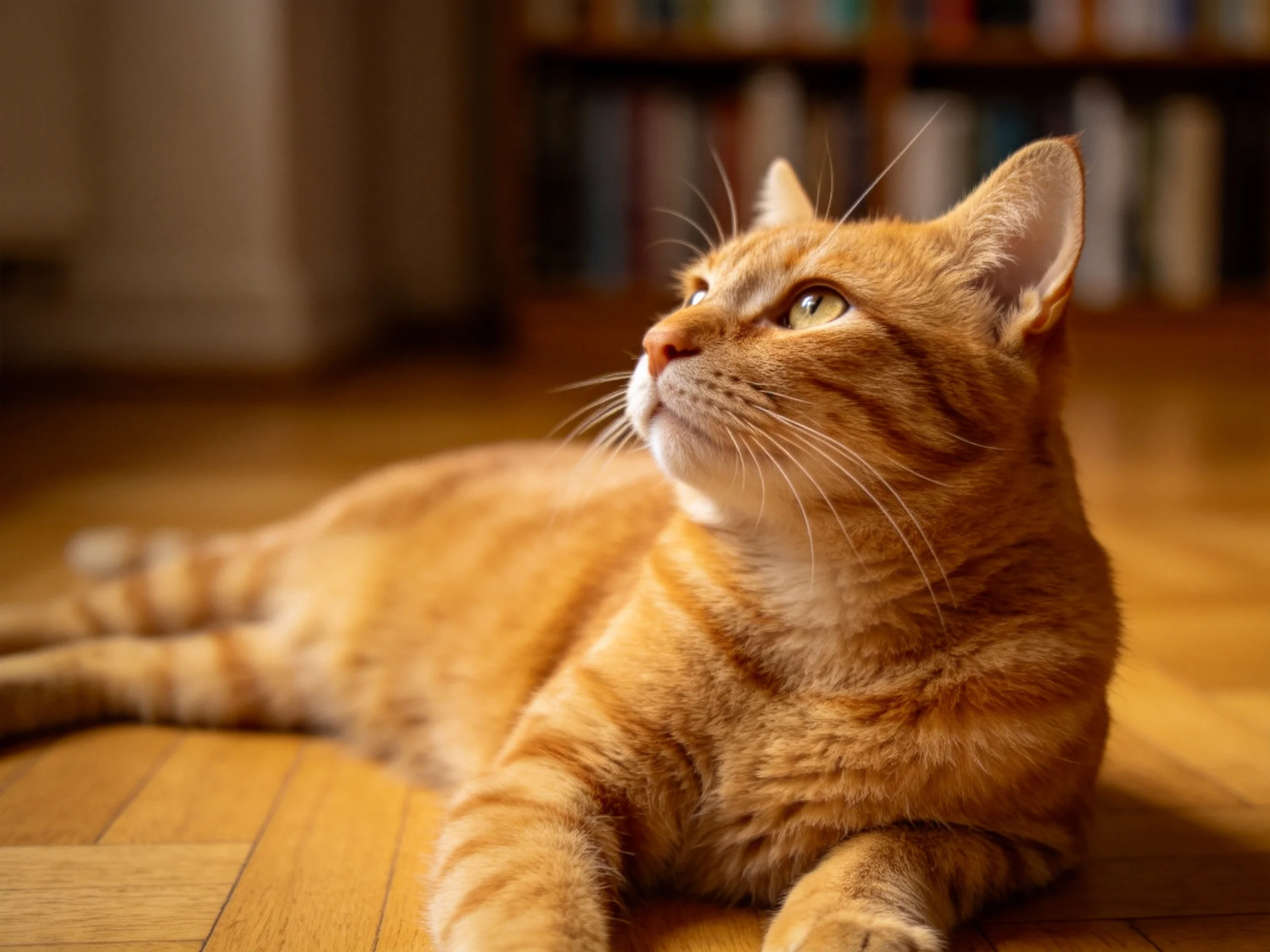 橘色短毛家猫抬头凝望,眼睛明亮,暖橙色带条纹的被毛清晰可见。