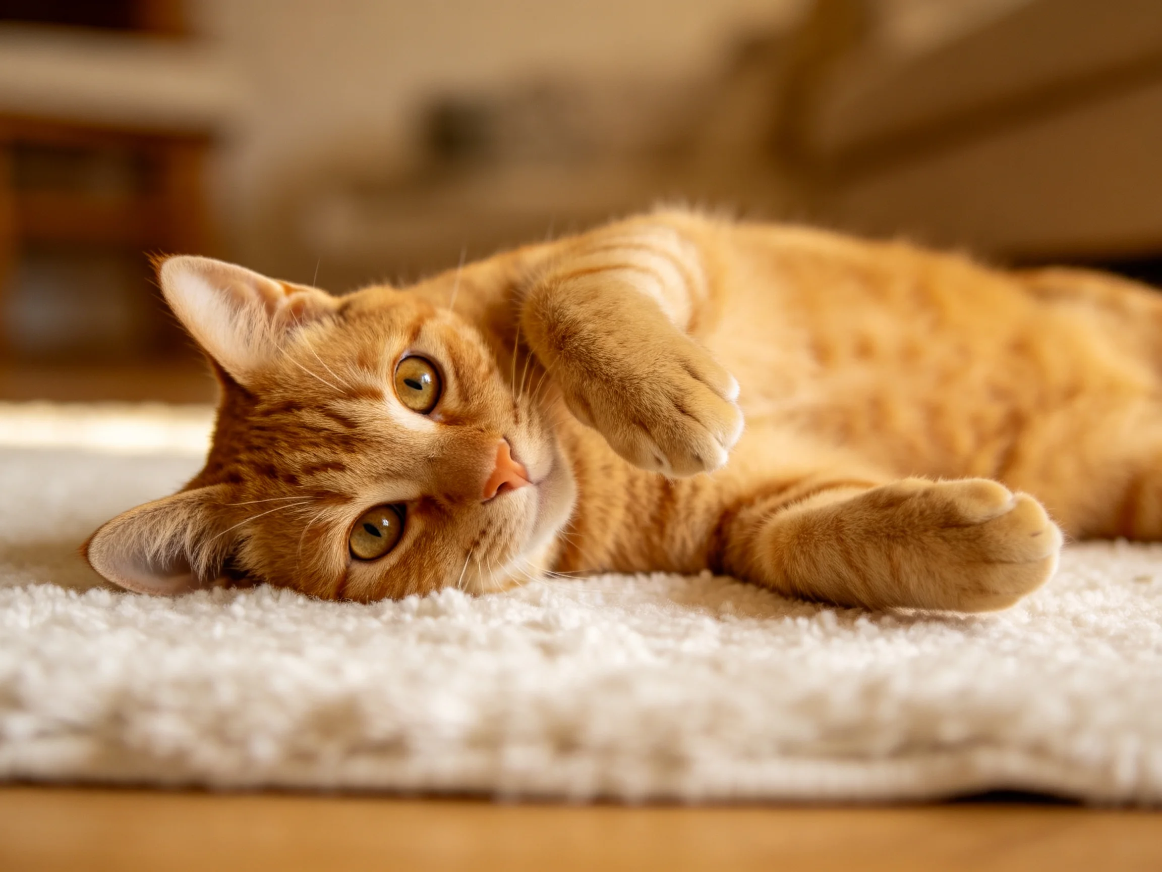 短毛橘猫侧躺在柔软的地毯上,金棕色皮毛在暖光下显得柔软蓬松。