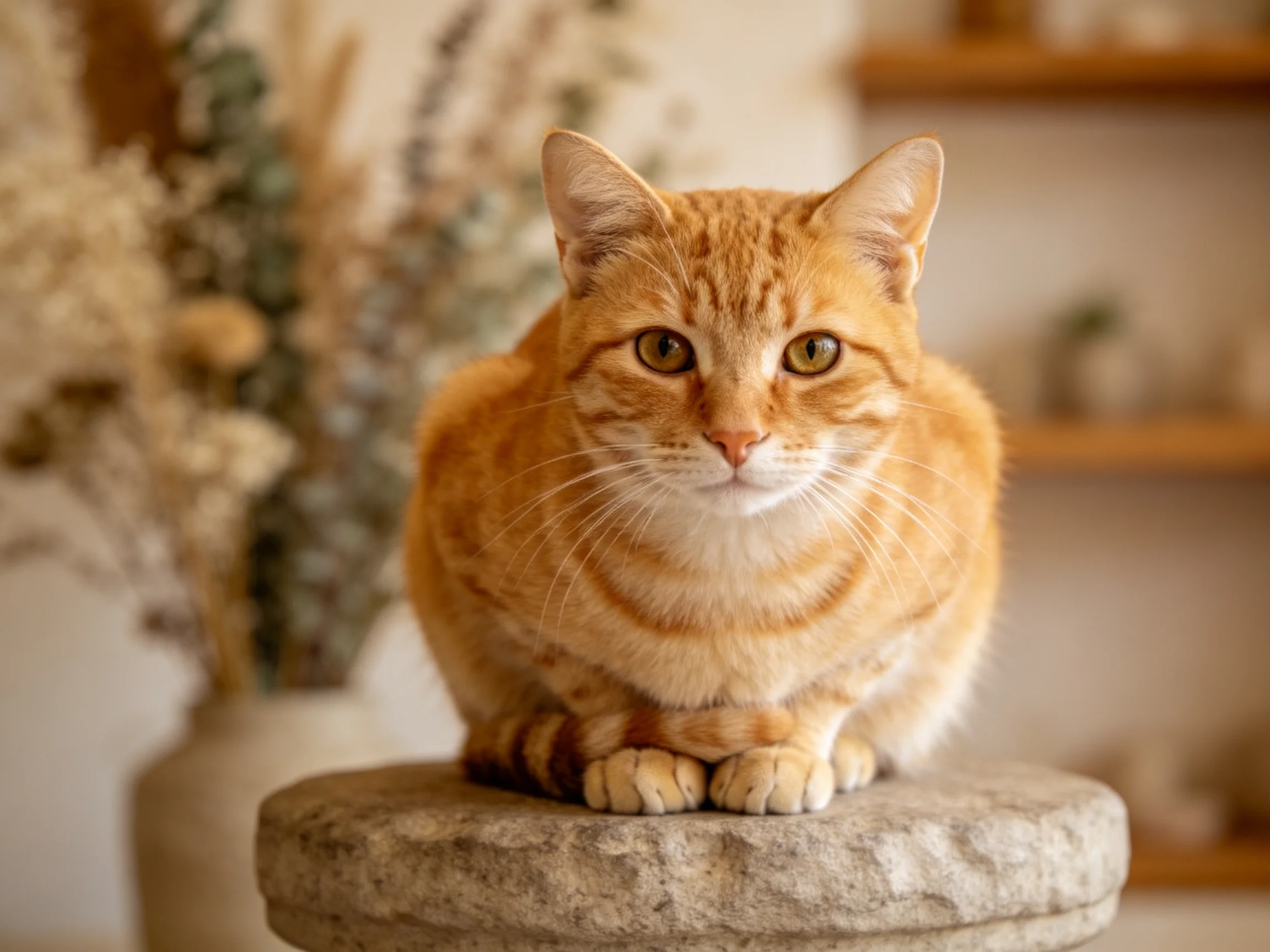 橘色短毛猫安静地坐在石制圆凳上,橙黄色带条纹的被毛清晰可见,前爪轻放于凳沿处。