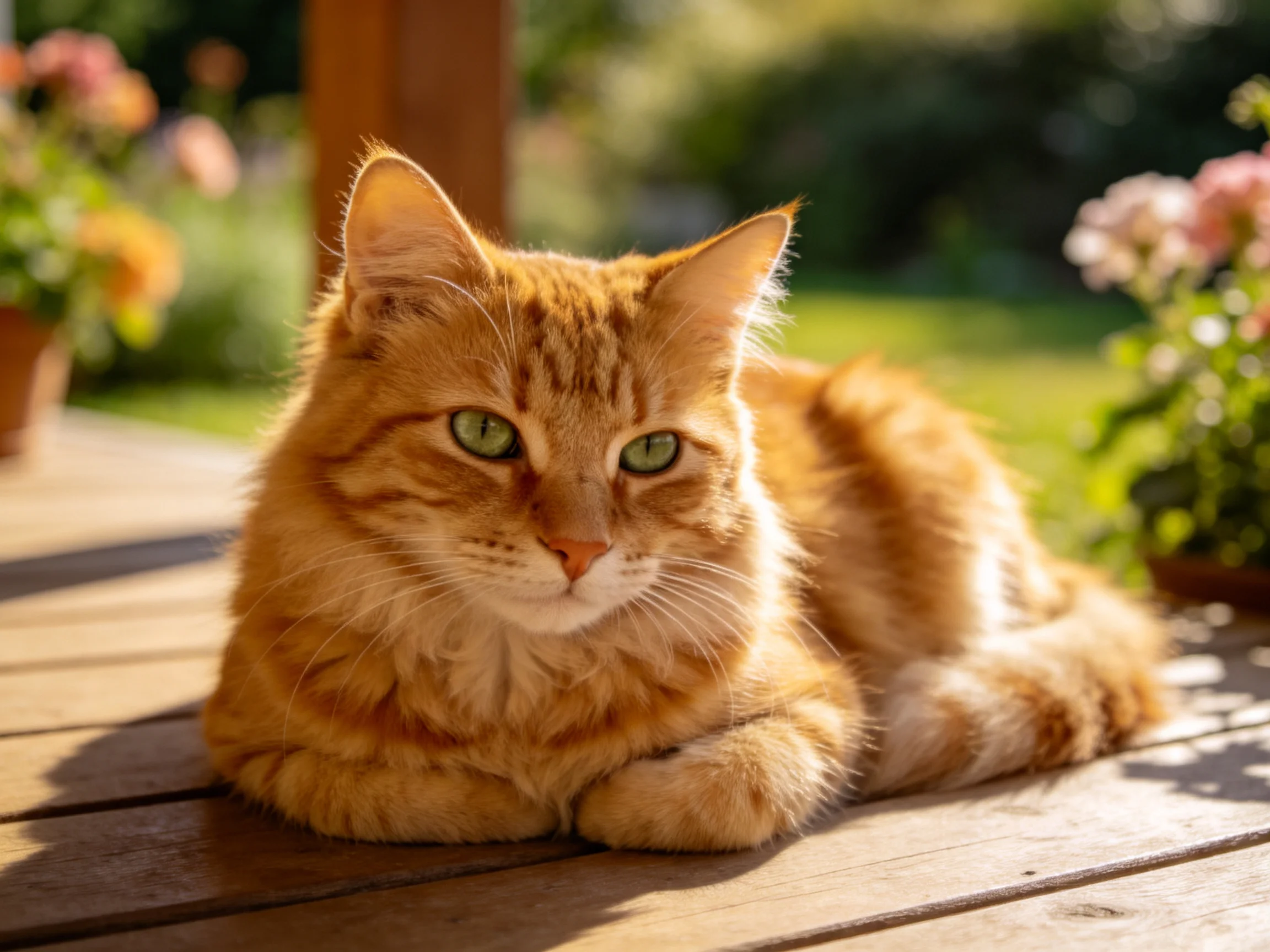 一只橙虎斑长毛猫趴在露天平台上,金黄色的虎斑花纹皮毛在阳光下显得格外明亮,绿色的眼睛清澈有神。