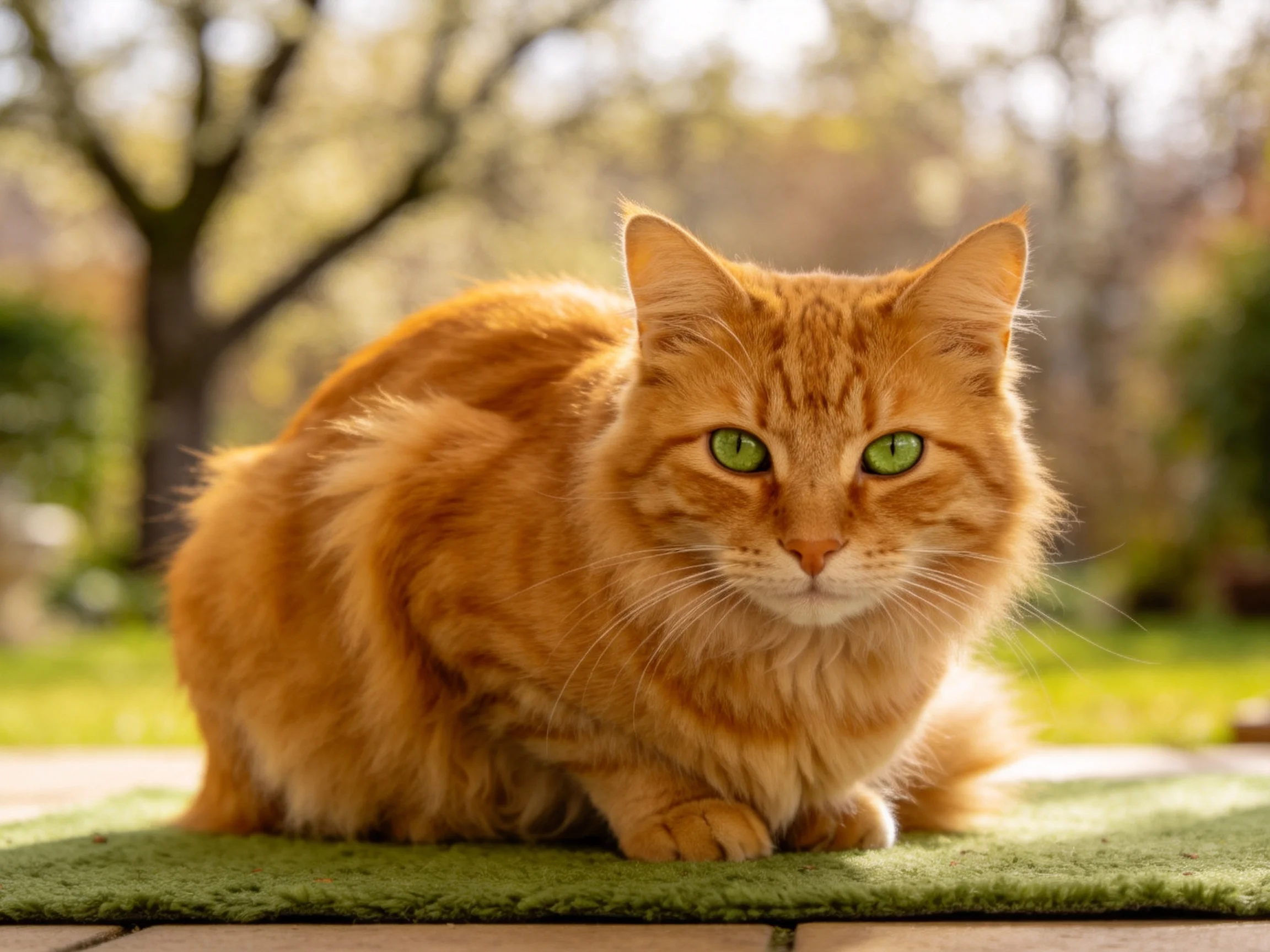 橘色长毛猫有着绿色眼睛,柔软的橙色皮毛贴附在人造草坪上。