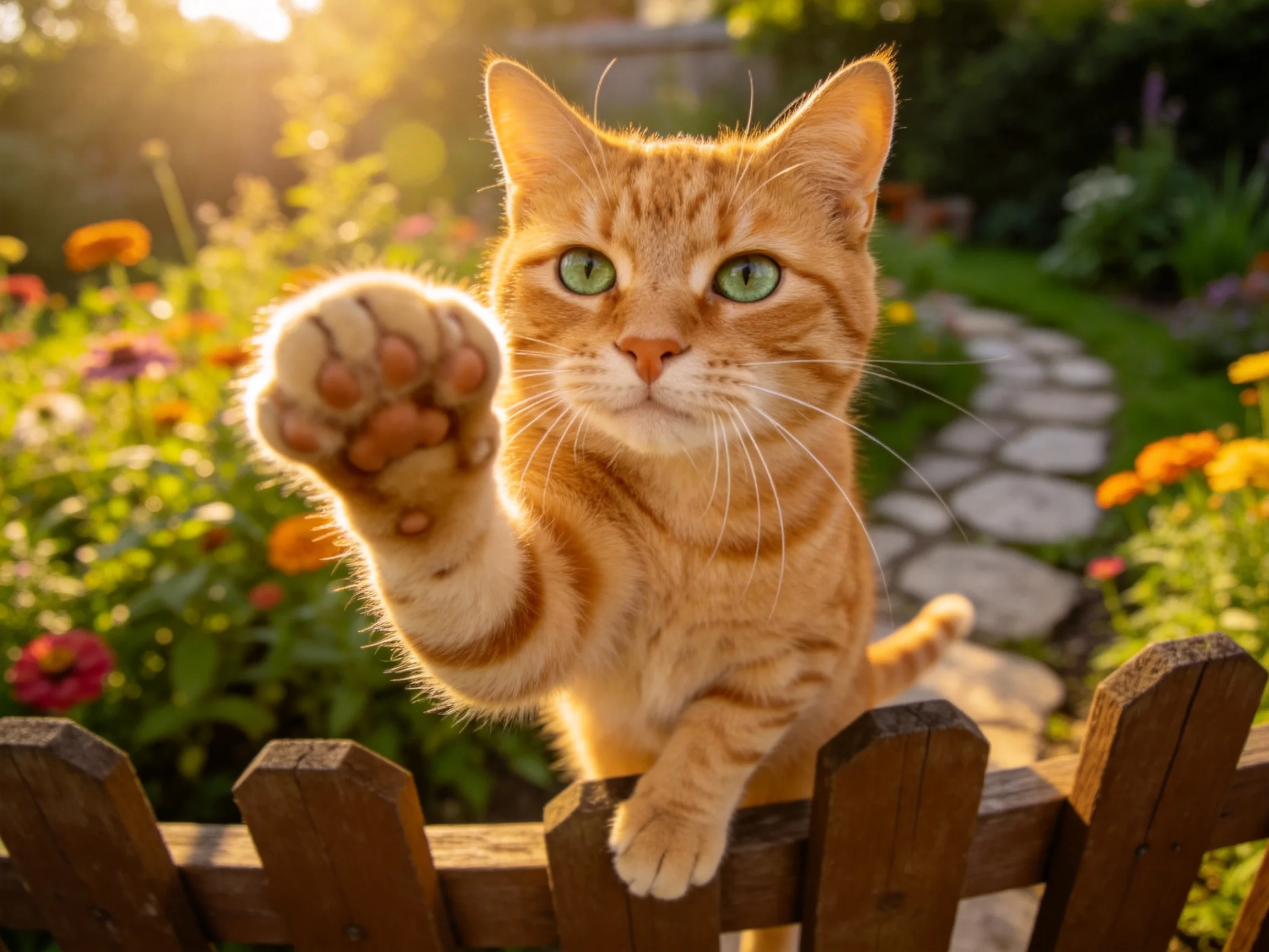 橘色短毛家猫将前爪抬起靠近镜头,展现出其橙橙色斑纹的被毛和绿色眼睛的特征。