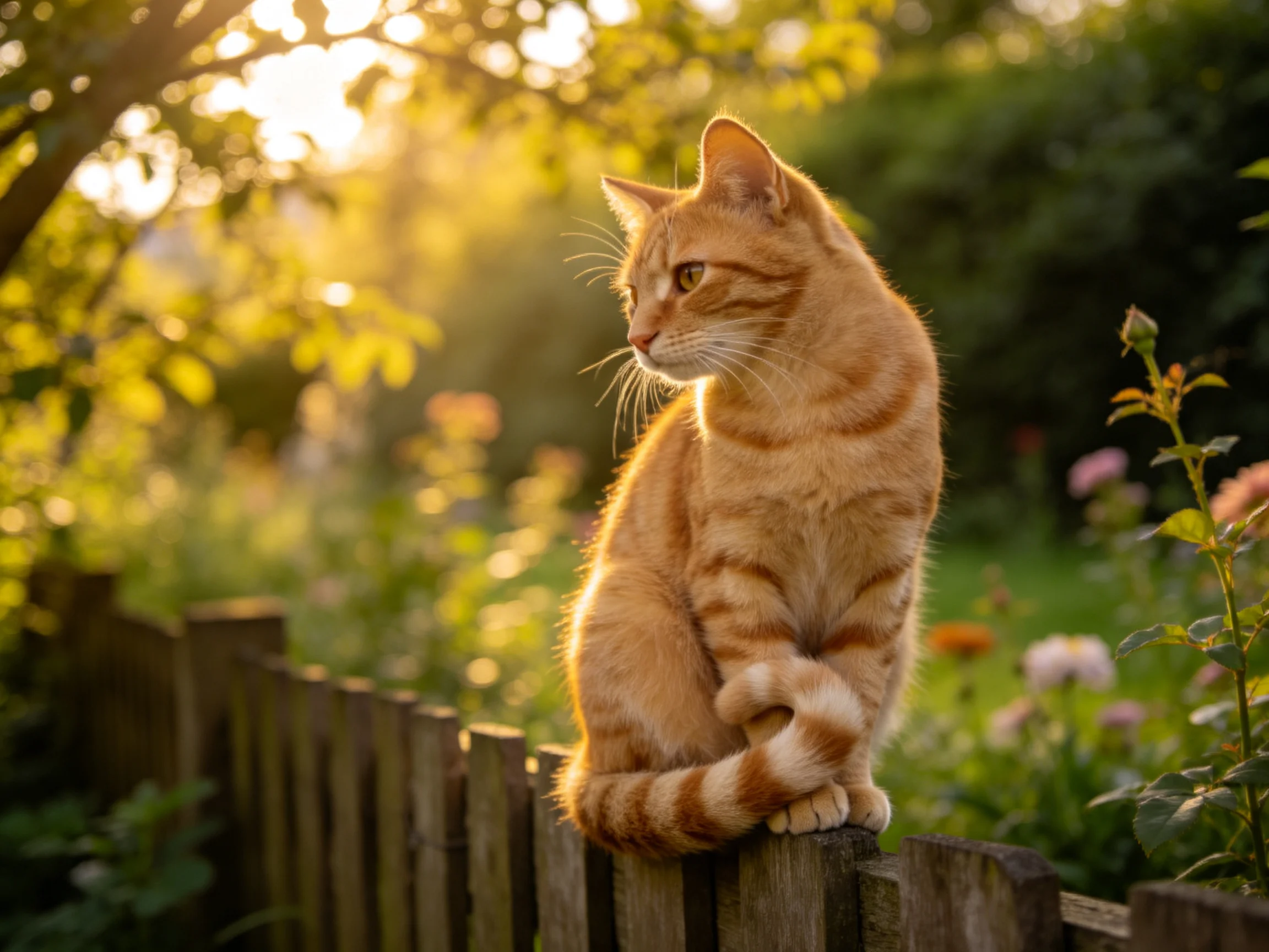 橘色短毛家猫安静地坐在木栅栏上,皮毛在夕阳下呈现出温暖的橙红色调。