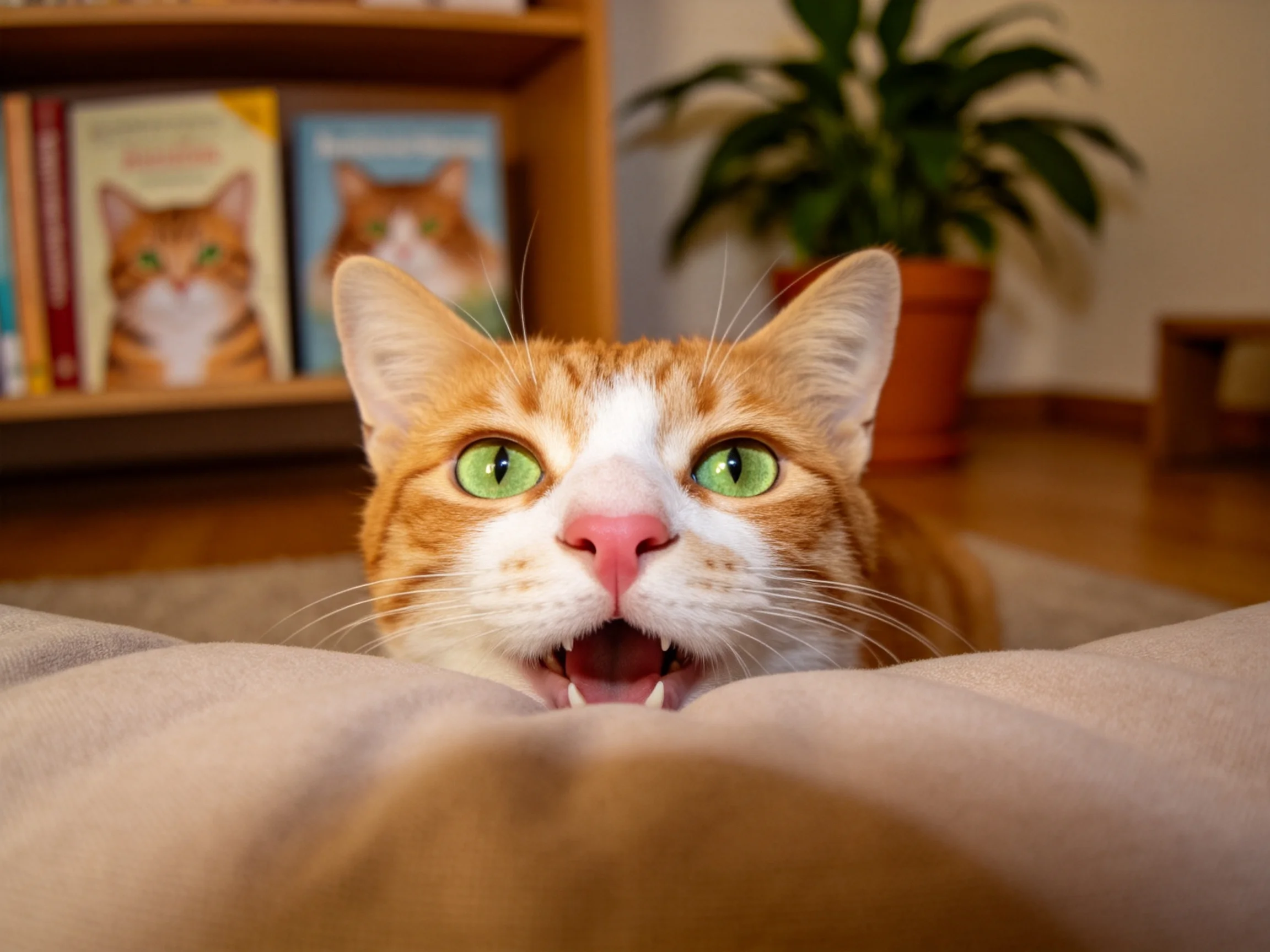 橘白短毛家猫睁着绿色大眼睛,嘴巴微张露出牙齿,胡须清晰可见。