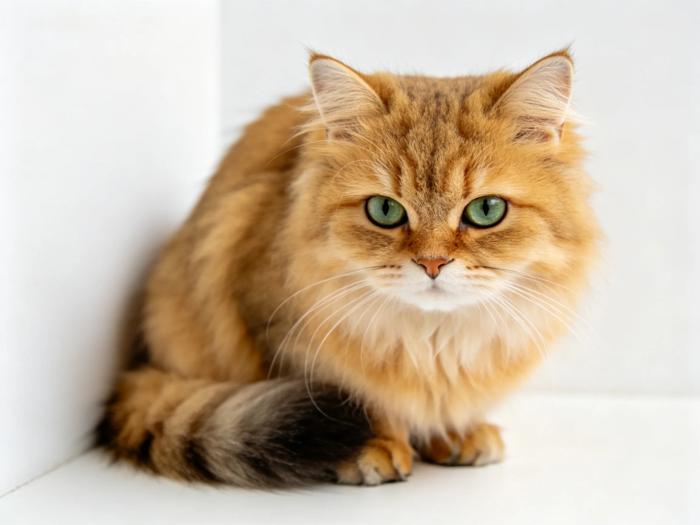 金吉拉猫有着蓬松的金黄色长毛和明亮的绿色眼睛,毛发柔软顺滑贴在脸部周围。