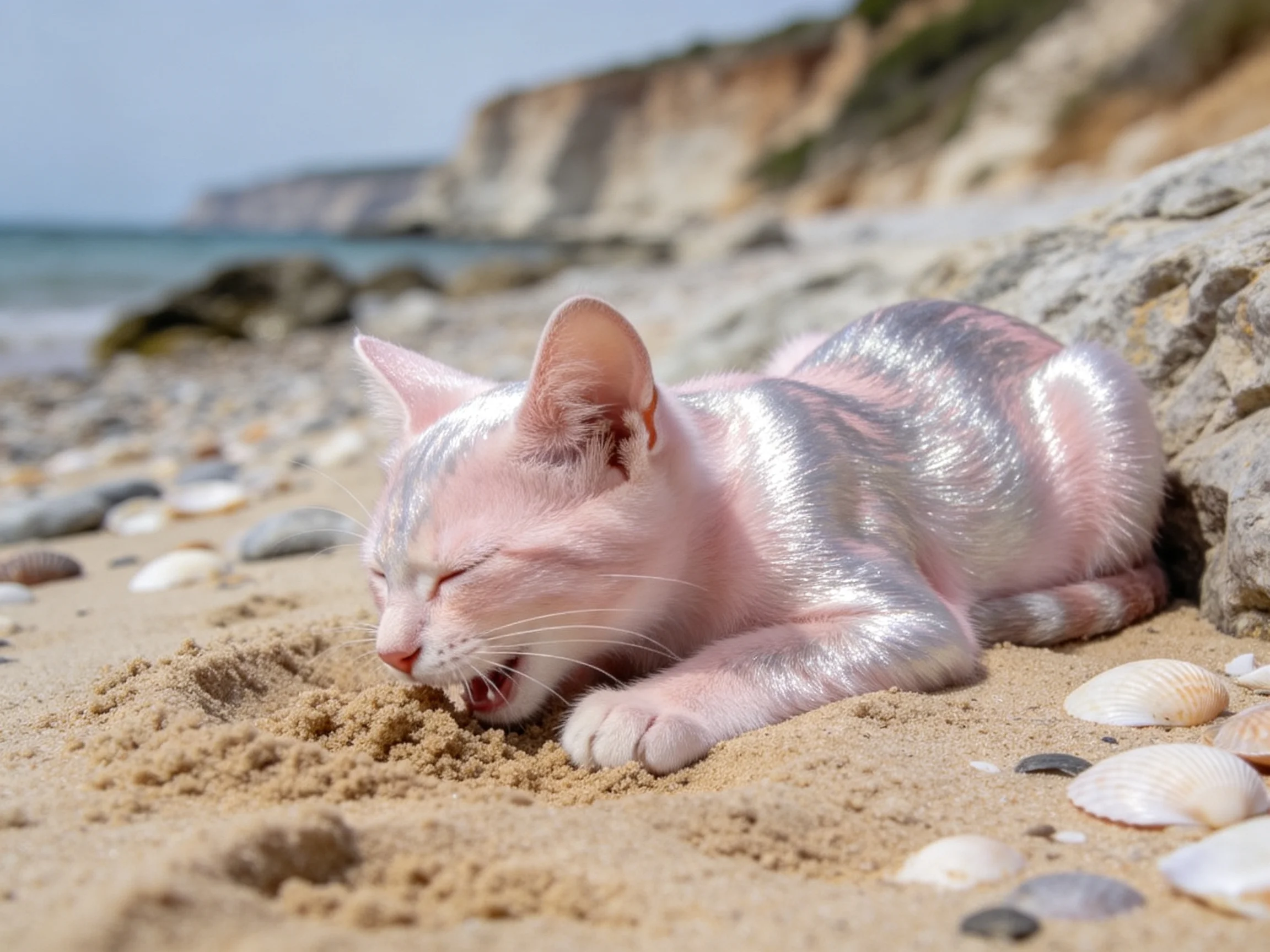 短毛家猫闭着眼睛趴在沙滩上,浅粉色皮毛清晰可见,周围分布着多种形态的贝壳。
