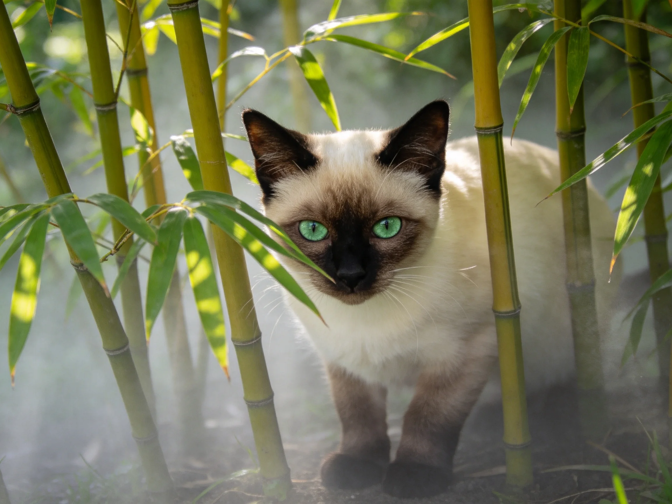 一只暹罗猫站在竹林中,拥有清澈的绿色眼睛和乳白色的毛发,周围环绕着翠绿的竹子。